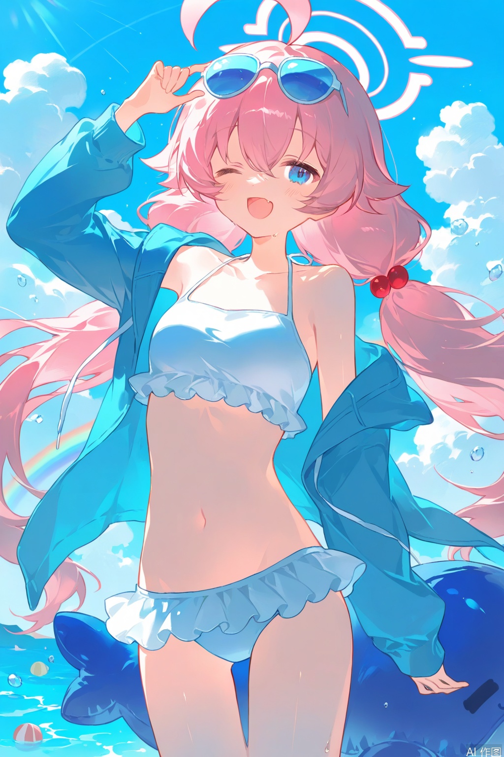 hoshino_\(swimsuit\)_\(blue_archive\), 1girl, eyewear_on_head, inflatable_toy, solo, one_eye_closed, halo, hoshino_\(blue_archive\), swimsuit, blue_eyes, pink_hair, white_bikini, smile, ahoge, bikini, blue_jacket, hair_ornament, outdoors, looking_at_viewer, open_mouth, long_hair, sky, jacket, cloud, sunglasses, frilled_bikini, frills, rainbow, blue_sky, twintails, blush, hair_bobbles, official_alternate_costume