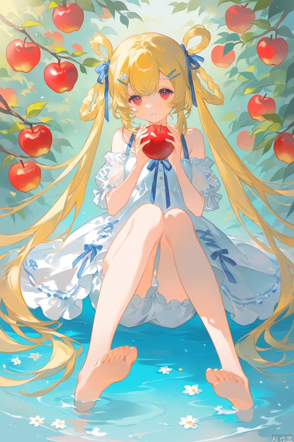 1girl, soles, feet, barefoot, solo, hair_rings, apple, toes, fruit, long_hair, food, blonde_hair, bloomers, water, very_long_hair, hair_ornament, holding, dress, looking_at_viewer, sitting, underwear, holding_food, white_bloomers, holding_fruit, bare_shoulders, braid, ribbon, twintails, hair_ribbon, red_eyes, full_body, hairclip, bow, legs, white_dress, knees_up, virtual_youtuber, parted_lips