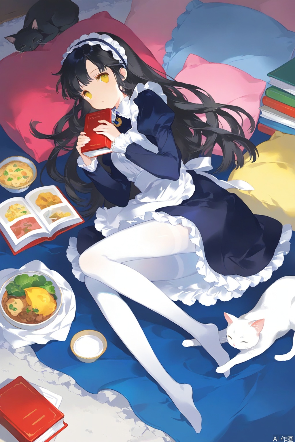 1girl, cat, white_pantyhose, pantyhose, book, long_hair, solo, black_hair, thighband_pantyhose, no_shoes, yellow_eyes, dress, holding, frills, food, pillow, animal