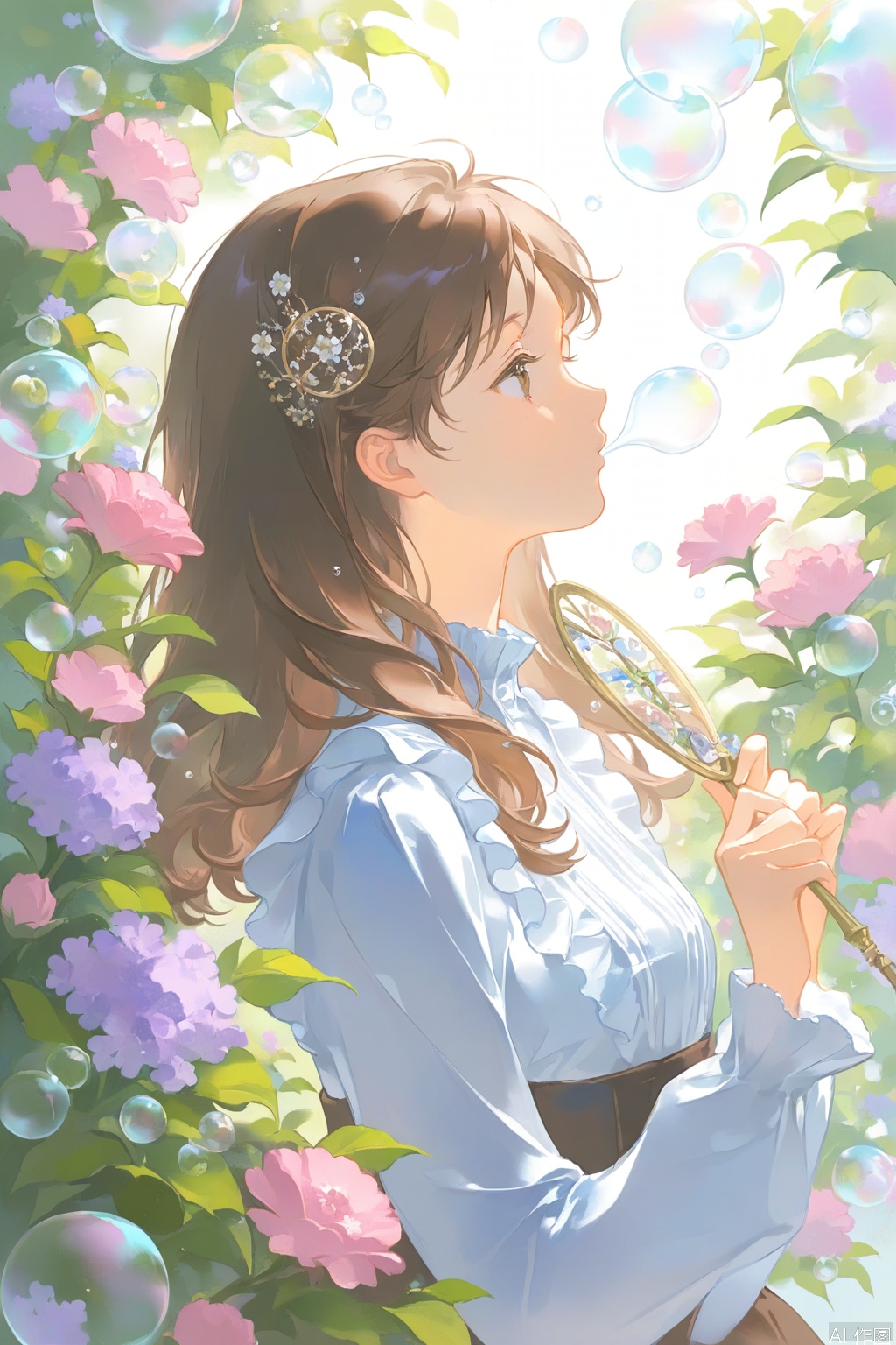 1girl, solo, bubble, brown_hair, from_side, flower, profile, bubble_blowing, long_hair, shirt, holding, brown_eyes, hair_ornament, upper_body, frills, long_sleeves