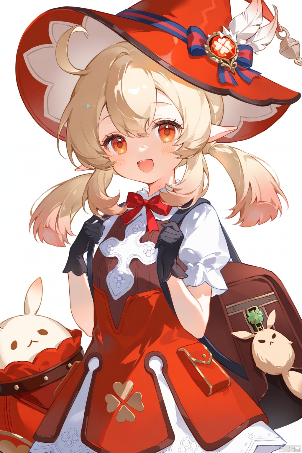 klee_\(genshin_impact\), 1girl, gloves, jumpy_dumpty, solo, black_gloves, witch_hat, hat, pointy_ears, vision_\(genshin_impact\), official_alternate_costume, smile, dodoco_\(genshin_impact\), short_sleeves, twintails, bow, ahoge, red_headwear, red_bow, looking_at_viewer, blonde_hair, hair_between_eyes, white_background, low_twintails, long_hair, simple_background, blush, sidelocks, hair_ribbon, :d, dress, bowtie, ribbon, orange_eyes, bag, hair_bow, red_bowtie