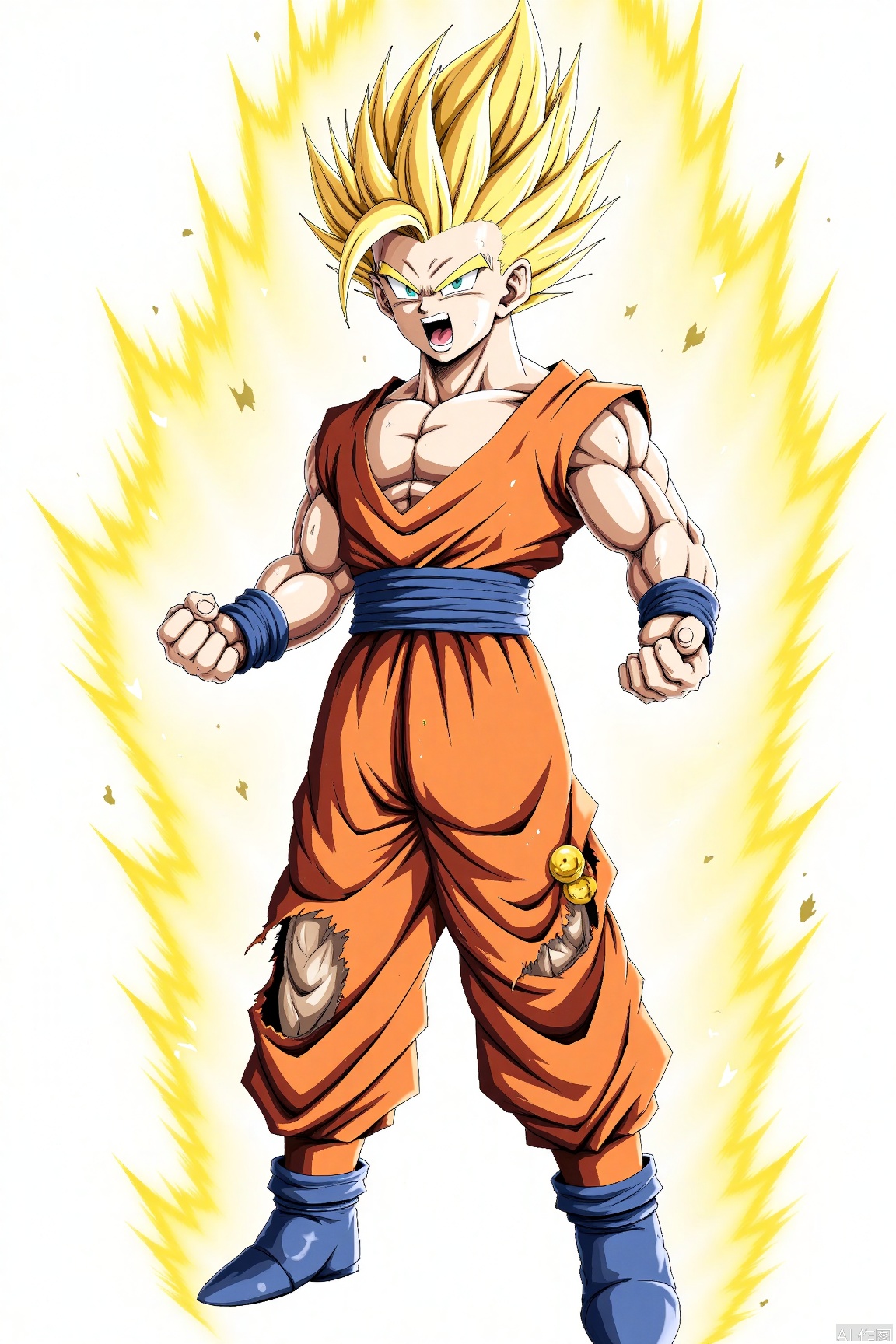solo, open mouth, blonde hair, 1boy, full body, male focus, boots, muscular, spiked hair, blue footwear, aura, dougi, super saiyan, super saiyan 1, son goku
