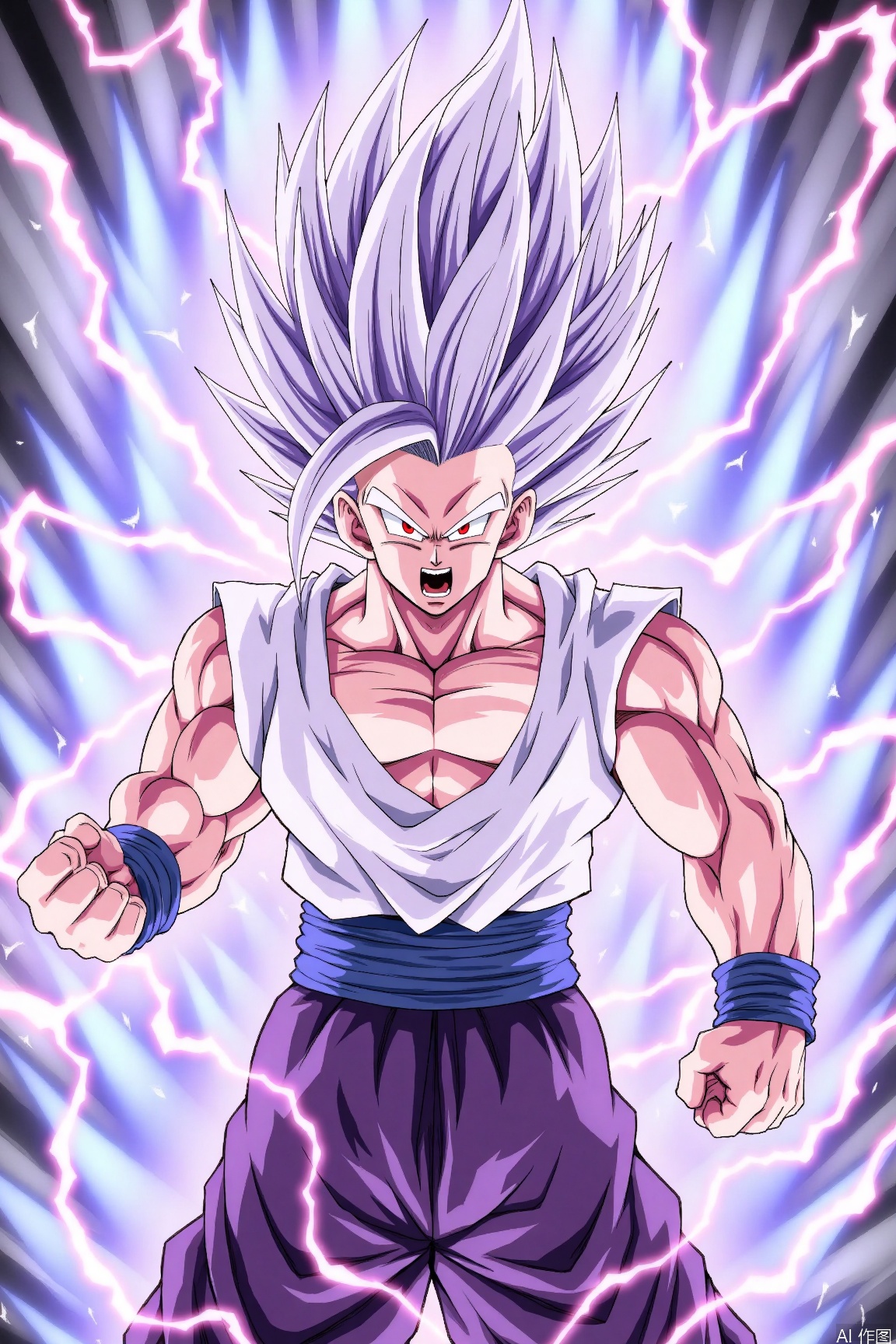 solo, open mouth, red eyes, 1boy, grey hair, male focus, muscular, spiked hair, wristband, electricity, aura, dougi, energy, super saiyan, incoming attack, son gohan