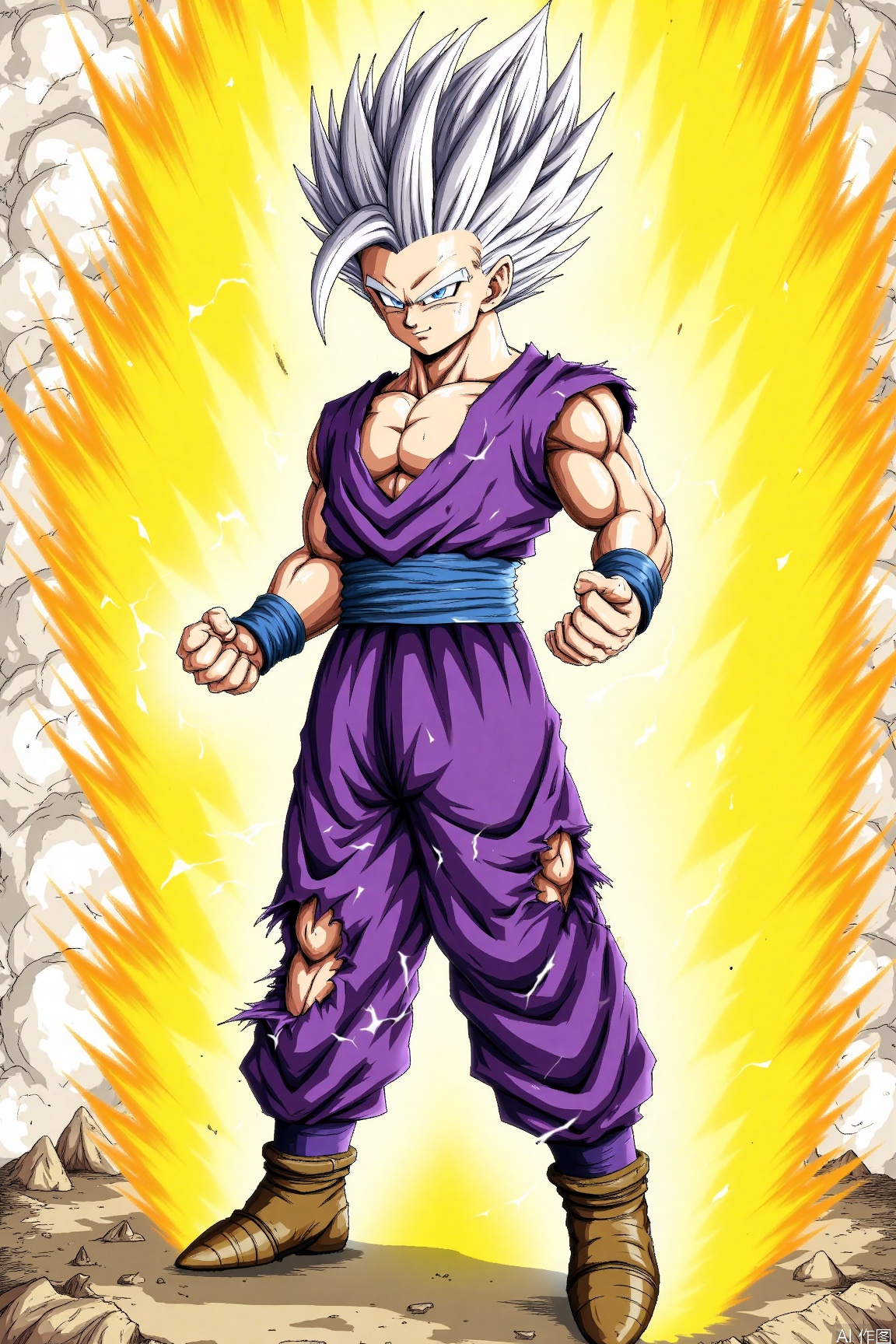 The image depicts a character standing confidently in the center, surrounded by a bright, fiery explosion. The character is wearing a purple martial arts uniform with a blue belt, and their hair is styled in a spiky manner. The background consists of a radiant yellow and white burst of energy, suggesting a powerful attack or transformation. The ground appears to be rocky and uneven, with some debris scattered around. The character's stance is strong and assertive, with fists clenched and eyes focused forward.