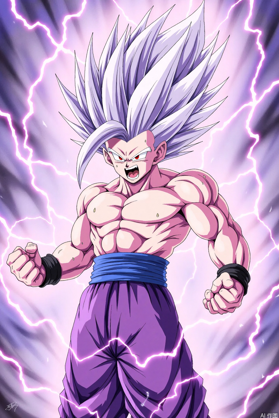 solo, open mouth, red eyes, 1boy, grey hair, male focus, muscular, spiked hair, wristband, electricity, aura, dougi, energy, super saiyan, incoming attack, son gohan