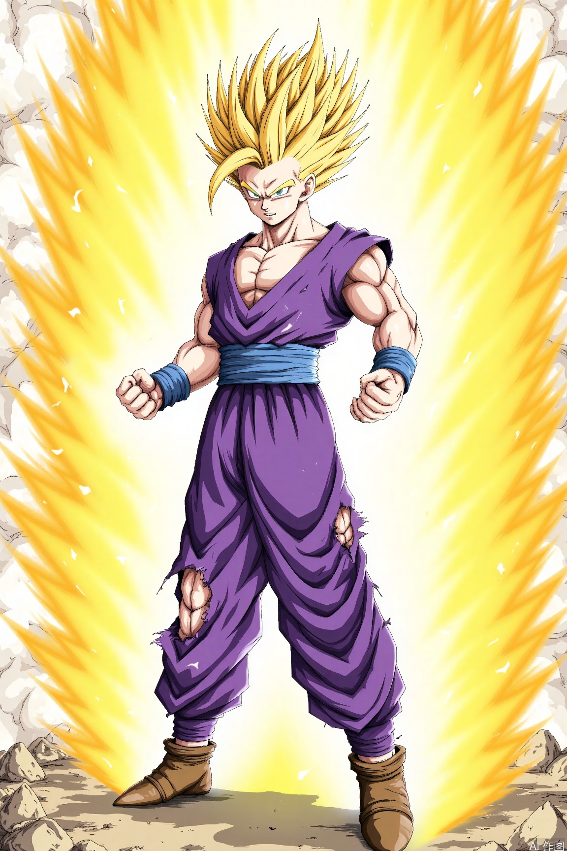 The image depicts a character standing confidently in the center, surrounded by a bright, fiery explosion. The character is wearing a purple martial arts uniform with a blue belt, and their hair is styled in a spiky manner. The background consists of a radiant yellow and white burst of energy, suggesting a powerful attack or transformation. The ground appears to be rocky and uneven, with some debris scattered around. The character's stance is strong and assertive, with fists clenched and eyes focused forward.