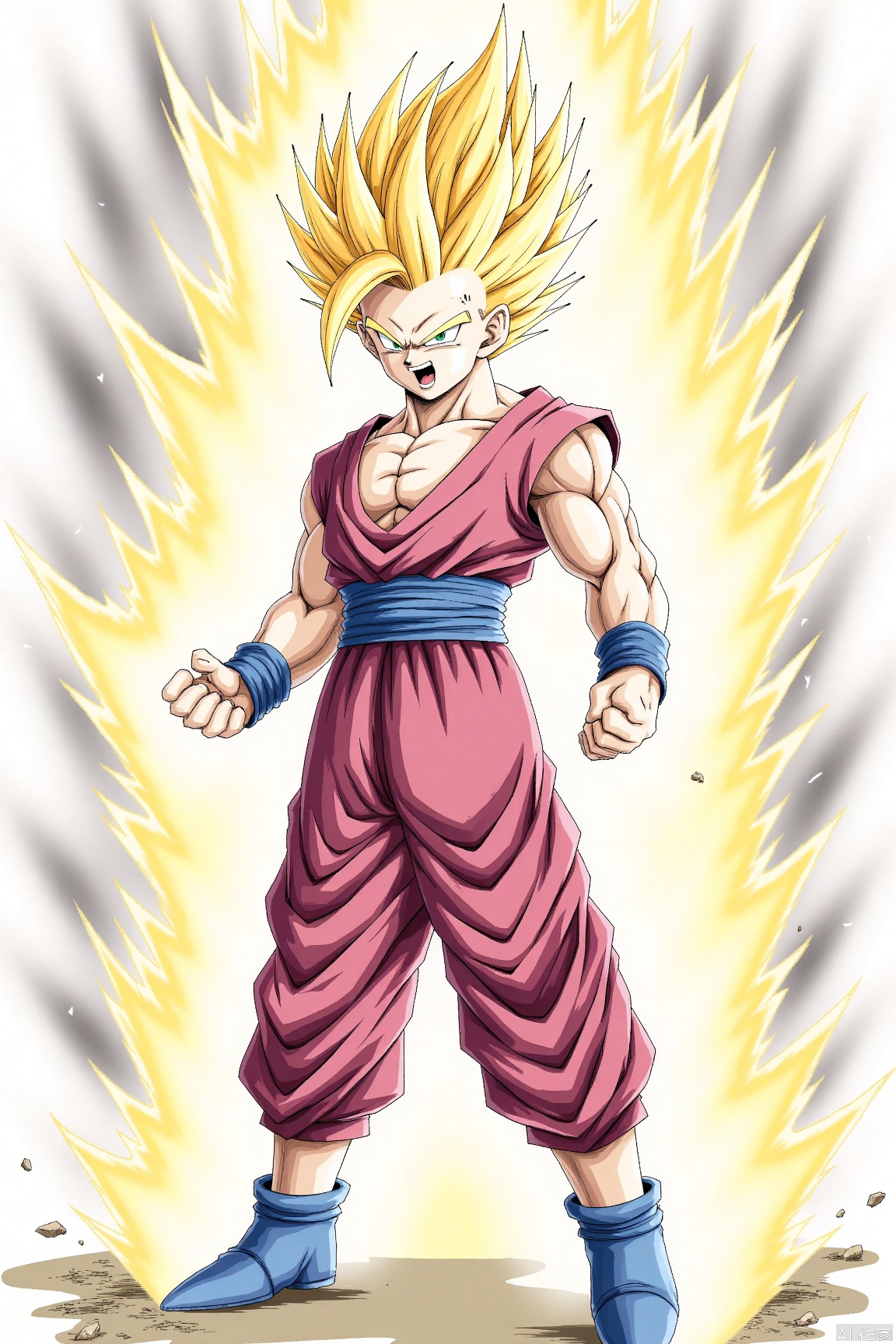solo, open mouth, blonde hair, 1boy, full body, male focus, boots, muscular, spiked hair, blue footwear, aura, dougi, super saiyan, super saiyan 1, son goku