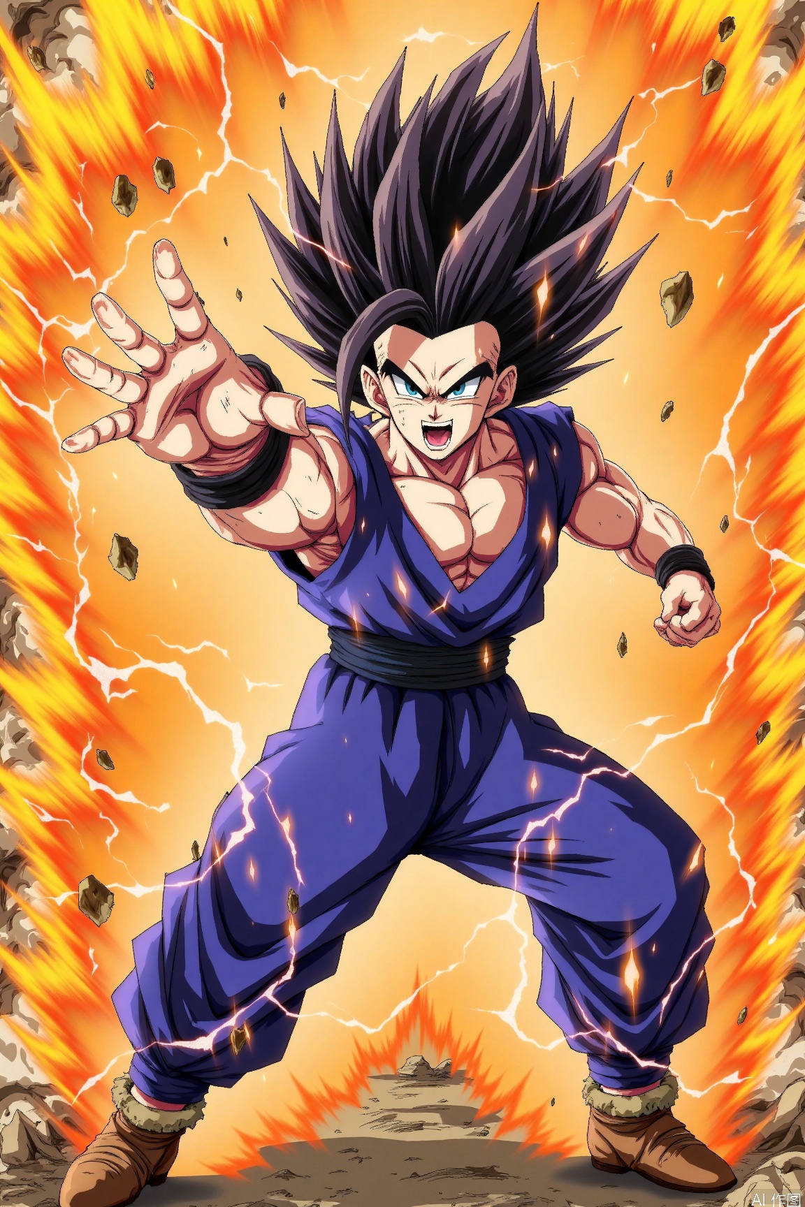 The image depicts a character in a dynamic pose, seemingly in the midst of an intense action sequence. The character is wearing a blue martial arts uniform and has spiky black hair. The background features a fiery explosion with golden energy swirling around the character, suggesting a powerful and dramatic moment. The character's expression is one of determination, and their right arm is extended forward, with their fingers splayed as if channeling energy. The overall scene conveys a sense of action and intensity, typical of a scene from a martial arts or action-packed anime.