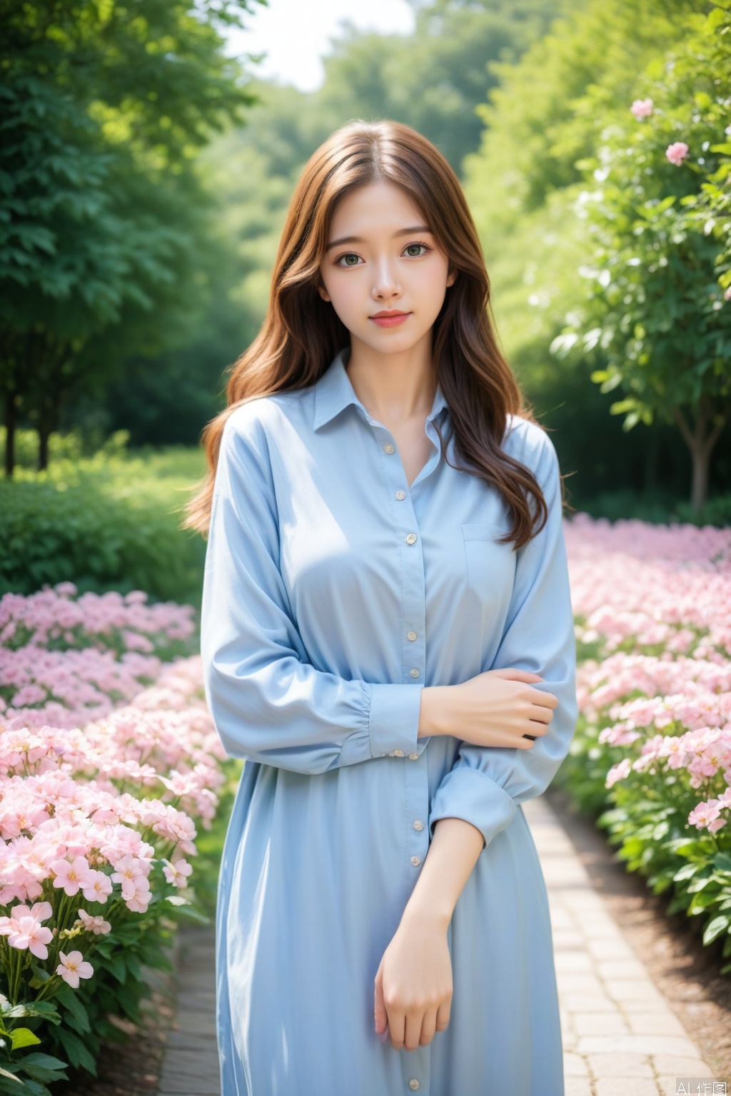 Ultra high quality, masterpiece, ultra high resolution, (photorealistic:1.3), realistic skin texture, 
A photo with a sense of atmosphere, The image shows a young woman standing outdoors, with a blurred green background suggesting a natural setting, possibly a park or garden. She has long, wavy brown hair that cascades over her shoulders. She is wearing a light blue button-up shirt with a grey scarf tied around her neck. In her hands, she holds a small bouquet of flowers, which includes green foliage and some pink blossoms. The overall mood of the image is serene and pleasant, with natural lighting enhancing the soft and gentle appearance of the scene.