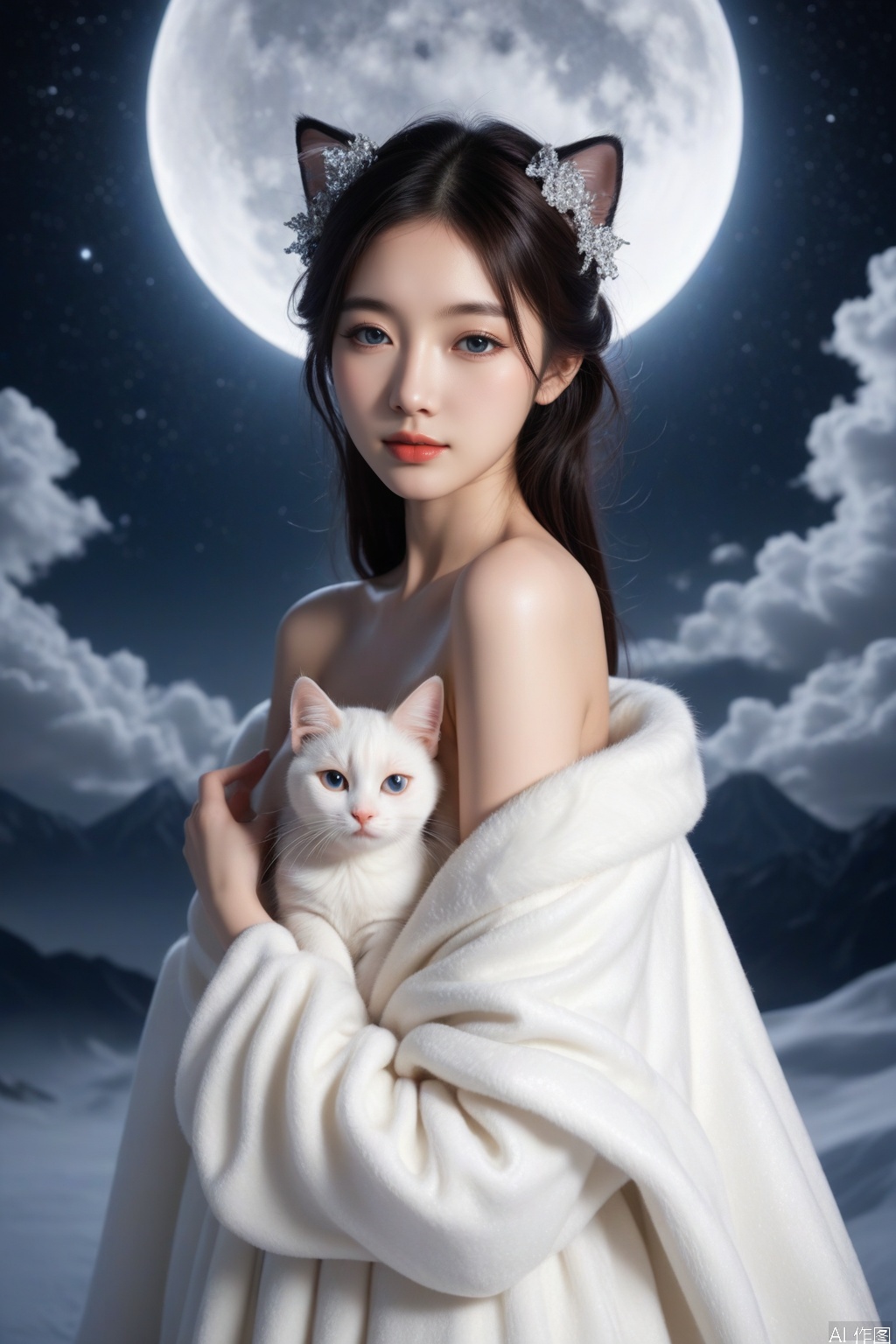 Ultra high quality, masterpiece, ultra high resolution, (photorealistic:1.3), realistic skin texture, 
This is a highly detailed digital illustration of a young woman with East Asian features, portrayed in a surreal, dreamlike style. She has long, dark hair cascading over her shoulders, with a playful, whimsical silver moon crescent and a small cat's head accessory adorning her left side. Her eyes are almond-shaped and expressive, with a soft, ethereal glow, and her lips are full and slightly parted, as if she is about to speak. She is dressed in a luxurious, off-the-shoulder white fur coat that adds a touch of opulence to her look. The coat's texture is soft and fluffy, contrasting with the sleek, shiny texture of her dress, which is adorned with delicate, sparkling beads. She is surrounded by a hazy, ethereal mist, adding a mystical, otherworldly quality to the scene. The background is a gradient of deep purples and blues, creating a moody, almost nightmarish atmosphere. The overall composition is a blend of elegance and surrealism, with the woman's delicate features and ethereal surroundings enhancing the dreamlike quality of the artwork.,