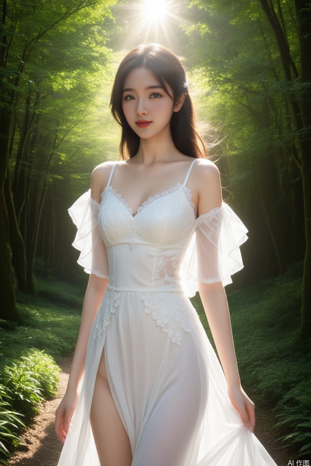 Ultra high quality, masterpiece, ultra high resolution, (photorealistic:1.3), realistic skin texture, ray traced, A hyper realistic ultra detailed, ultrarealistic,cute,petite body,perky boobs,slender,innocence, slender_waist,love,tightly cropped composition,detailed and intricate environment,A beautiful and youthful Korean model, 20 years old, showcases her striking looks with a slender body, perfect face, exquisite eyes, and luscious lips., Imagine a photorealistic portrait capturing the enigmatic gaze of a young woman with clouded green eyes, framed by long, jet-black hair cascading down to her shoulders. The scene is set in a serene forest clearing bathed in warm sunlight filtering through the dense foliage, casting dappled shadows on her fair complexion. As she turns slightly away from the camera, her elegant white gown with intricate embroidery and lace detailing catches the light, revealing its delicate texture while hinting at the underlying strength within this ethereal figure, as seen from an unconventional low-angle perspective that elevates the mysterious aura surrounding her.