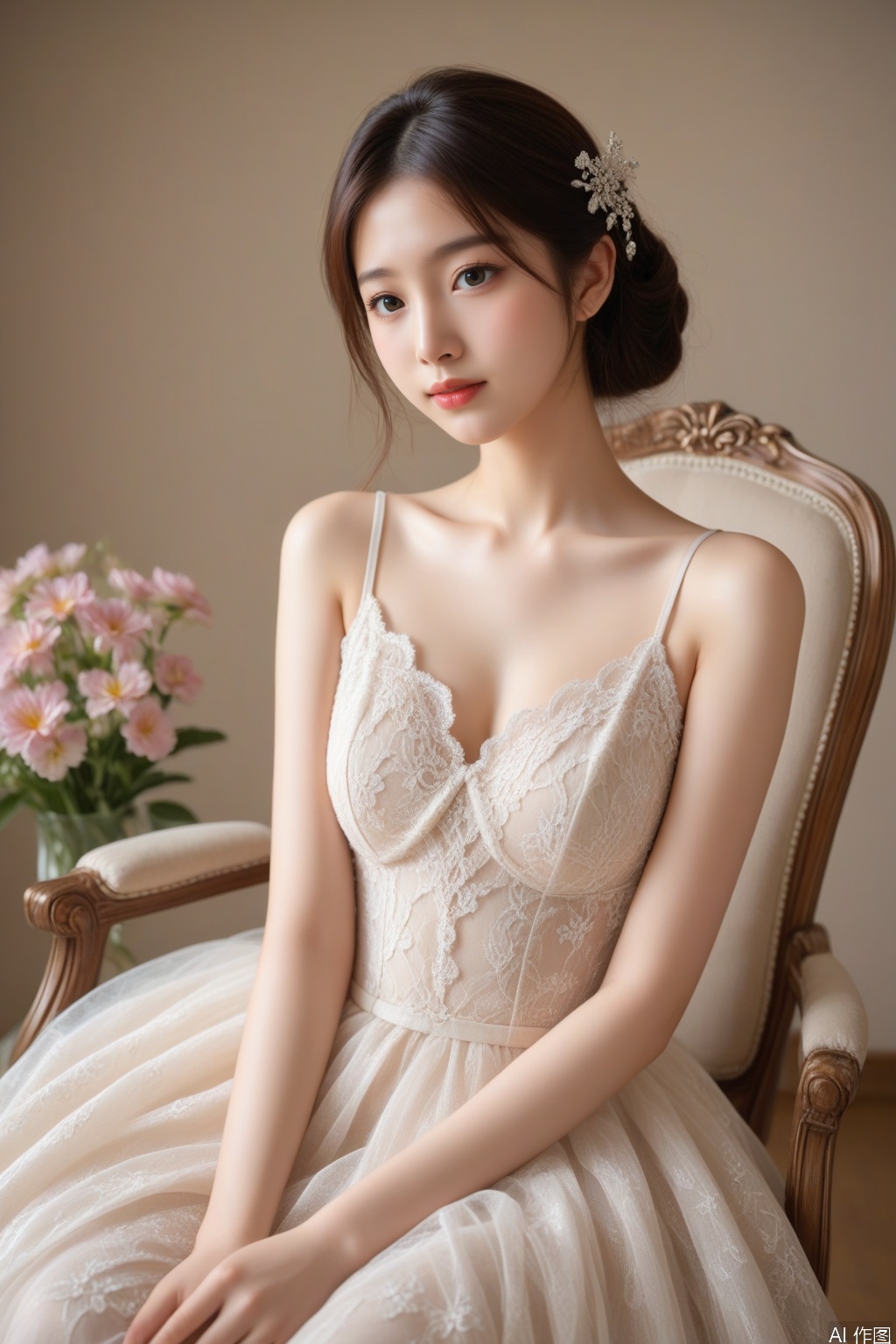Ultra high quality, masterpiece, ultra high resolution, (photorealistic:1.3), realistic skin texture, ray traced, A hyper realistic ultra detailed, ultrarealistic,cute,petite body,perky boobs,slender,innocence, slender_waist,love,tightly cropped composition,detailed and intricate environment,A beautiful and youthful Korean model, 21 years old, showcases her striking looks with a slender body, perfect face, exquisite eyes, and luscious lips., Create a photorealistic portrait in the style of fine art oil painting, capturing the essence of a young woman with olive skin and flowing dark hair, adorned in a delicate lace gown that drapes elegantly over her slender figure. Position her seated on a rustic wooden chair, tilted at an unusual angle for an unconventional perspective, against a blurred botanical backdrop teeming with vibrant flowers in full bloom. Emphasize the lifelike quality of her eyes - deep brown and expressive, glistening with a mixture of intrigue and melancholy as they meet the viewer's gaze directly from beneath long lashes. Delve into the emotional gradient by subtly incorporating soft light that caresses her skin, creating gentle highlights and shadows that play across the lace fabric, ultimately drawing the observer deeper into the enigmatic portrait.