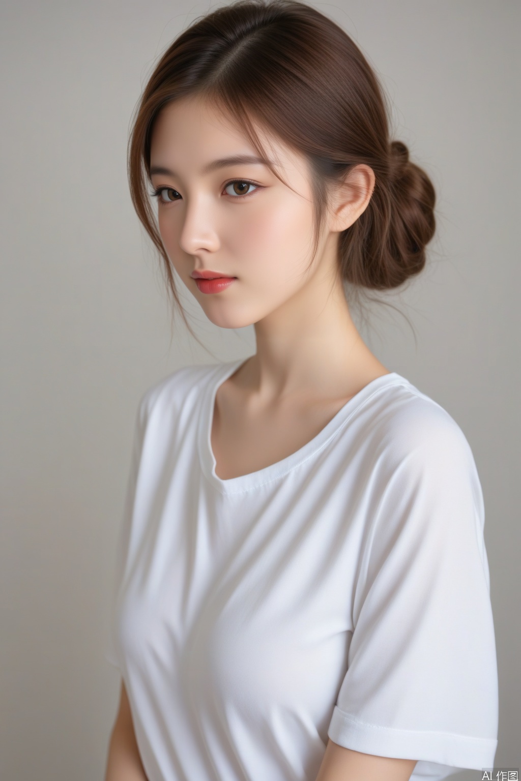 Ultra high quality, masterpiece, ultra high resolution, (photorealistic:1.3), realistic skin texture, 
A high-quality, high-resolution, RAW photograph of an 18-year-old girl wearing a shirt and jewelry. The shot is a half-body view from the side, with a body-to-body ratio of 1.7 from top to bottom. Soft, movie-like lighting with a melancholic tone highlights the jewelry and her perfect eyes. The composition uses a golden or triangular structure, emphasizing her three-dimensional facial features. The depth of field focuses sharply on her eyes, while the background remains virtual and subtly blurred. The lighting creates a professional-grade, three-dimensional effect, enhancing the overall elegance and sophistication of the image.