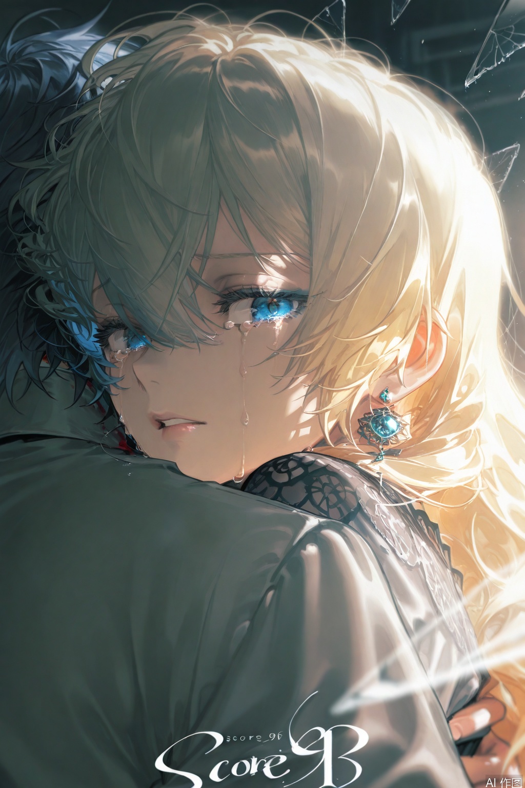 score_9, score_8_up, score_7_up, score_6_up,chinese traditional painting,
blue eyes, hug, jewelry, looking at viewer, black hair, 1girl, earrings, blurry, crying, tears, 1boy, parted lips, shards, glass, white hair, crying with eyes open, bangs, short hair, depth of field, long hair, looking back, upper body, dress, 2girls, copyright name, multiple girls, gem, long sleeves, blonde hair, broken glass, hair between eyes, artist name, blue hair, blood, lips, makeup,upper body,masterpiece,very aesthetic,absurdres