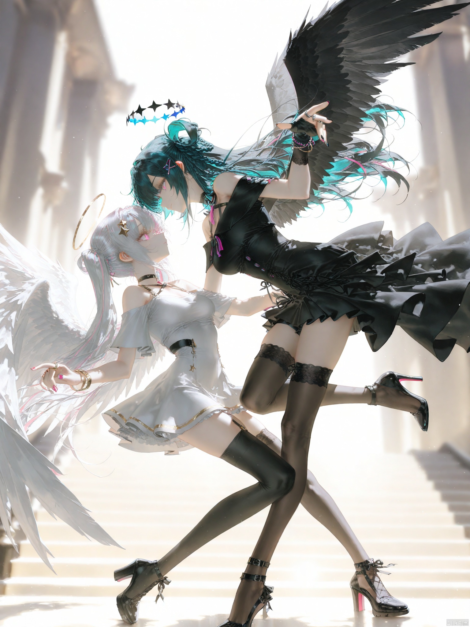 1girl, solo, long hair, looking at viewer, bangs, hair ornament, jewelry, purple eyes, braid, twintails,multicolored hair, choker, hairclip, pink eyes, off shoulder, star \(symbol\), nail polish, bracelet, aqua hair, ring, hair rings, star hair ornament, off-shoulder shirt,long hair, breasts, bangs, hair ornament, red eyes, thighhighs, gloves, dress, 2girls, bare shoulders, blue hair, white hair, wings, black gloves, black footwear, white dress, looking at another, black dress, high heels, halo, feathers, feathered wings, eye contact, black wings, angel wings, stairs, white wings, angel,Role differentiation,Flying, flying, falling, dancing , depth of field, light particles, lens flare, (artist:quasarcake:0.8),extreme aesthetic,(wlop:0.6), wanke,rella,wanke,masterpiece,best quality,good quality,newest ,year 2024, year 2023, very aesthetic,absurdres,Visual impact,Electromotive force, perspective composition, A shot with tension, ultra-high resolution,32K UHD,sharp focus,best quality,masterpiece,Emotionalization masterpiece, unconventional supreme,masterful details,with a high end texture,in the style of fashion photography, (Visual impact:1.2),giving the poster a dynamic and visually striking appearance,impactful picture,offcial art,colorful,splash of color, movie perspective, masterpiece,best quality,amazing quality,very aesthetic,absurdres,best quality,newest,jixuanfenghua
