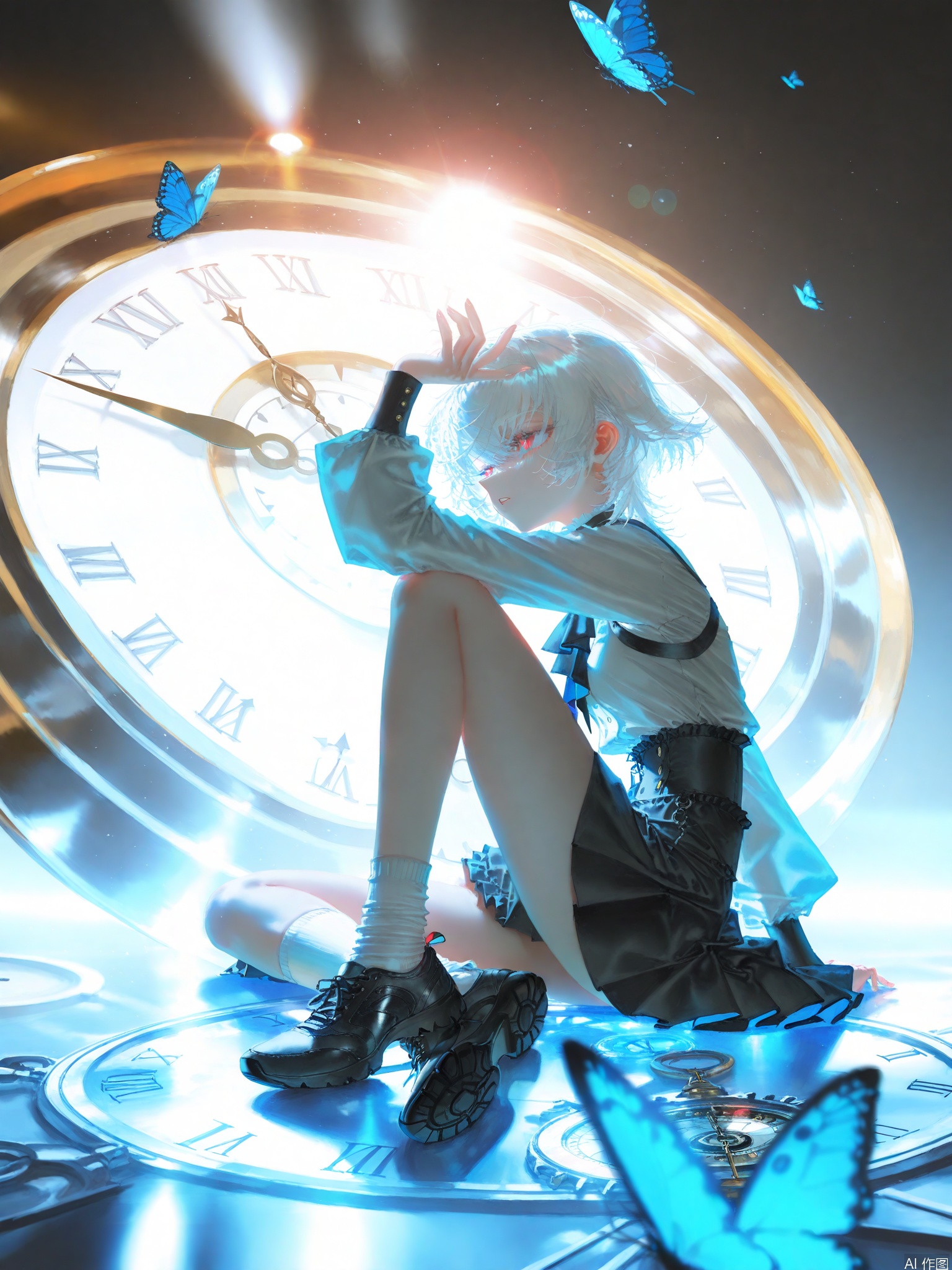 1girl, solo, short hair, bangs, skirt, shirt, long sleeves, holding, sitting, red eyes, white shirt, white hair,clock, frills, parted lips, shoes, socks, black skirt, black footwear, arm up, Compass, bug, white socks, butterfly, blue butterfly ,backlighting,depth of field,cinematic lighting,light particles,lens flare, (artist:quasarcake:0.8),extreme aesthetic,(wlop:0.6),masterpiece,best quality,good quality,newest,year 2024,year 2023,very aesthetic,absurdres,Visual impact,A shot with tension, ultra-high resolution,32K UHD,sharp focus,best-quality,masterpiece,Emotionalization,unconventional supreme masterpiece,masterful details,temperate atmosphere,with a high-end texture,in the style of fashion photography, (Visual impact:1.2),giving the poster a dynamic and visually striking appearance,impactful picture,offcial art,colorful,splash of color,movie perspective, masterpiece,best quality,amazing quality,very aesthetic,absurdres,best quality,newest
