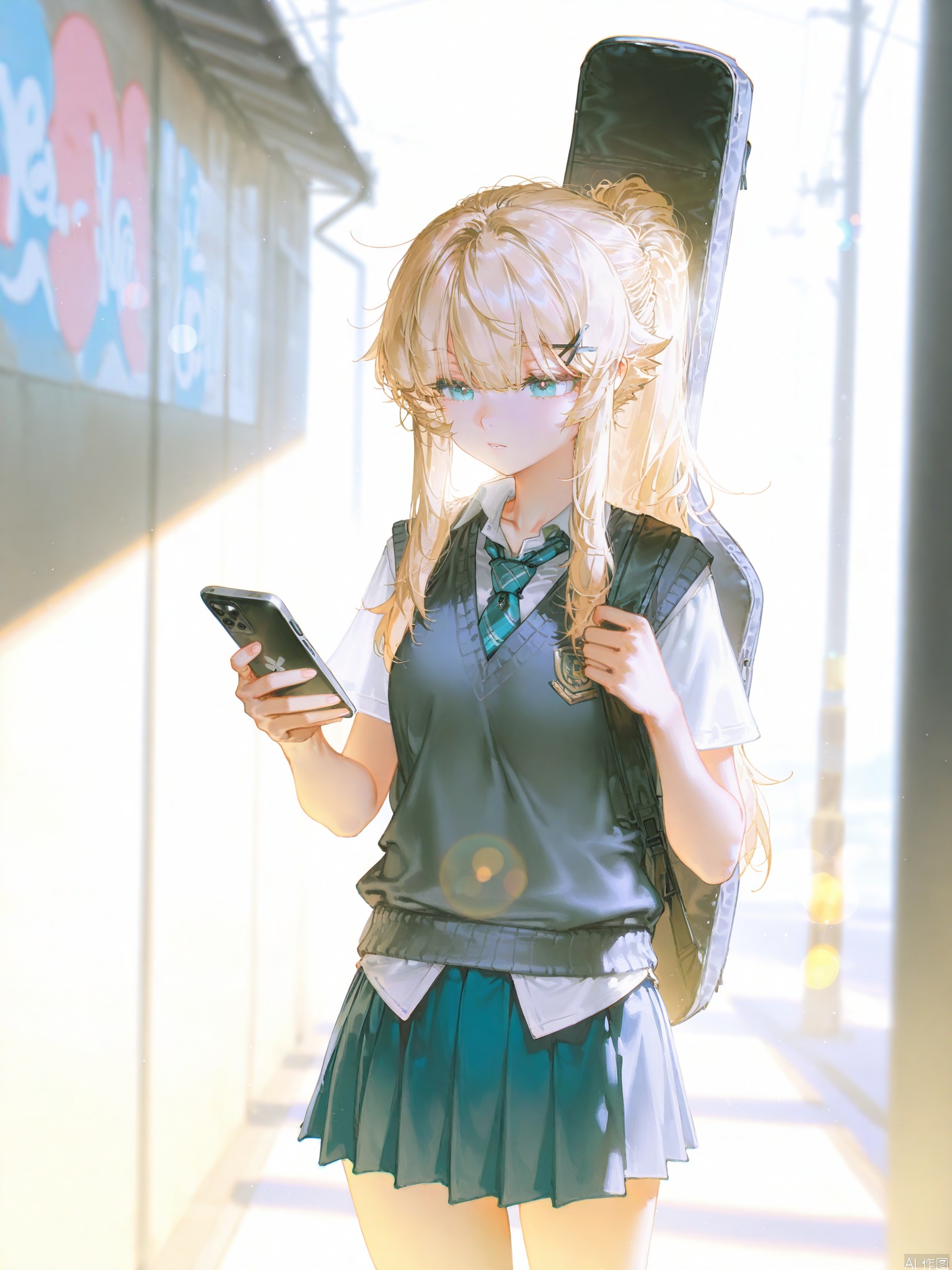 1girl, solo, long hair, skirt, blonde hair, shirt, hair ornament, holding, jewelry, school uniform, ponytail, pleated skirt, necktie, hairclip, blurry, vest, phone, cellphone, x hair ornament, smartphone, sweater vest, holding phone, instrument case, guitar case ,backlighting,depth of field,cinematic lighting,light particles,lens flare, (artist:quasarcake:0.8),extreme aesthetic,(wlop:0.6),masterpiece,best quality,good quality,newest,very aesthetic,absurdres,Visual impact,A shot with tension, ultra-high resolution,32K UHD,sharp focus,best-quality,masterpiece,Emotionalization,unconventional supreme masterpiece,masterful details,temperate atmosphere,with a high-end texture,in the style of fashion photography, (alzi xiaomI:1.2),(mogumo:1.1),(good hands, nice hands:0.5),giving the poster a dynamic and visually striking appearance,impactful picture,offcial art,colorful,movie perspective, masterpiece,best quality,amazing quality,very aesthetic,absurdres,best quality,newest
