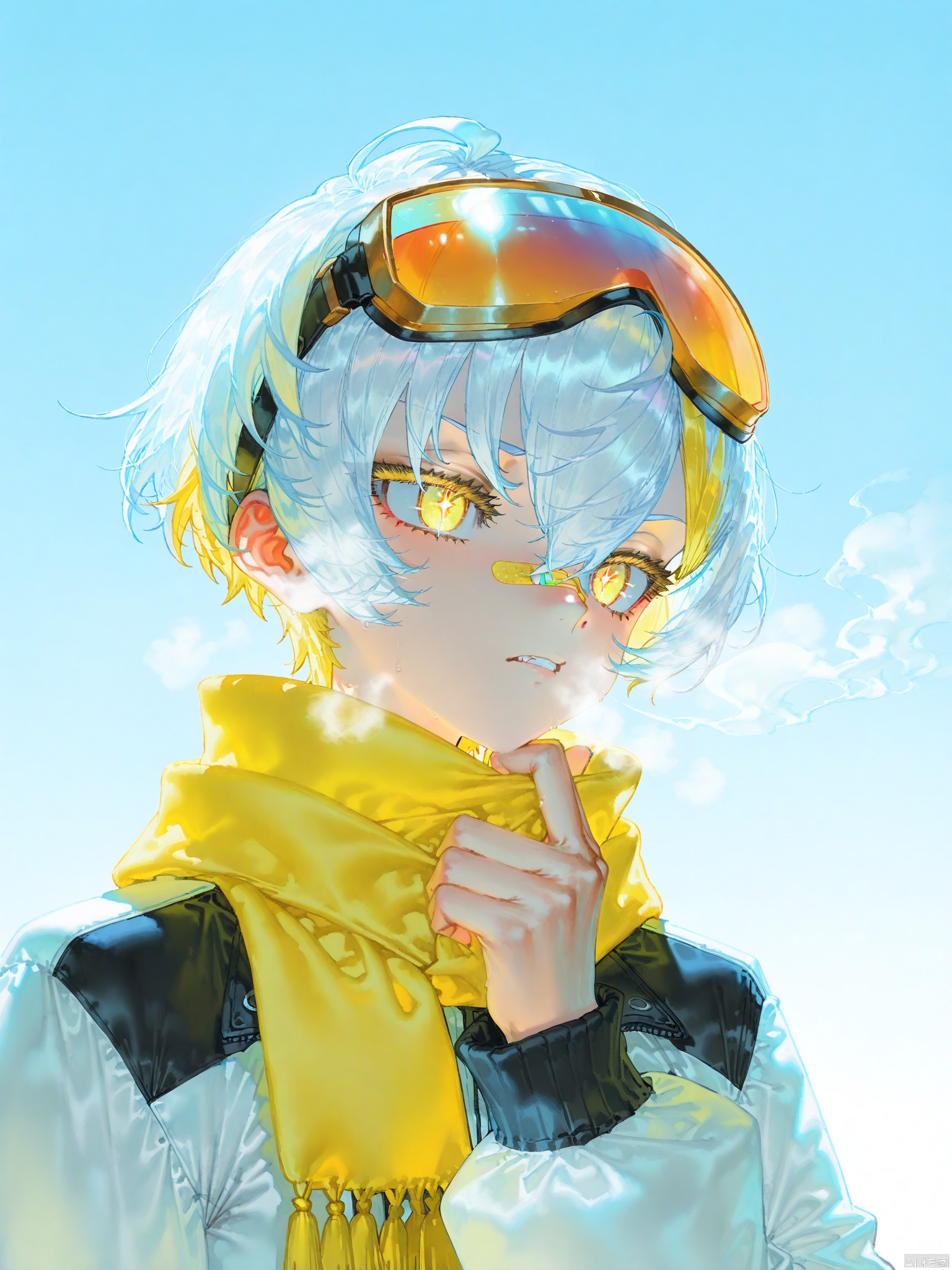 cogecha,(mika pikazo:0.4),[:(onono imoko:0.7),:12](rhasta:0.4),[quasarcake,::12][(jima:0.8),::12] ultra close-up of the maiden glaring defiantly, her platinum white undercut hair with glowing yellow highlights framing her face. Industrial-grade ski goggles are pushed up, revealing her vertical-pupil eyes. Her heated breath is melting the snow on her scarf. One of her tiger teeth, chipped with a gold filling, is visible. A neon orange防寒面罩(cold-weather mask) is pulled down to her chin. A cross-shaped bandaid is across her nose bridge, and holographic snow data is reflected on her goggles. Steam vents on her jacket collar emit heat waves.

