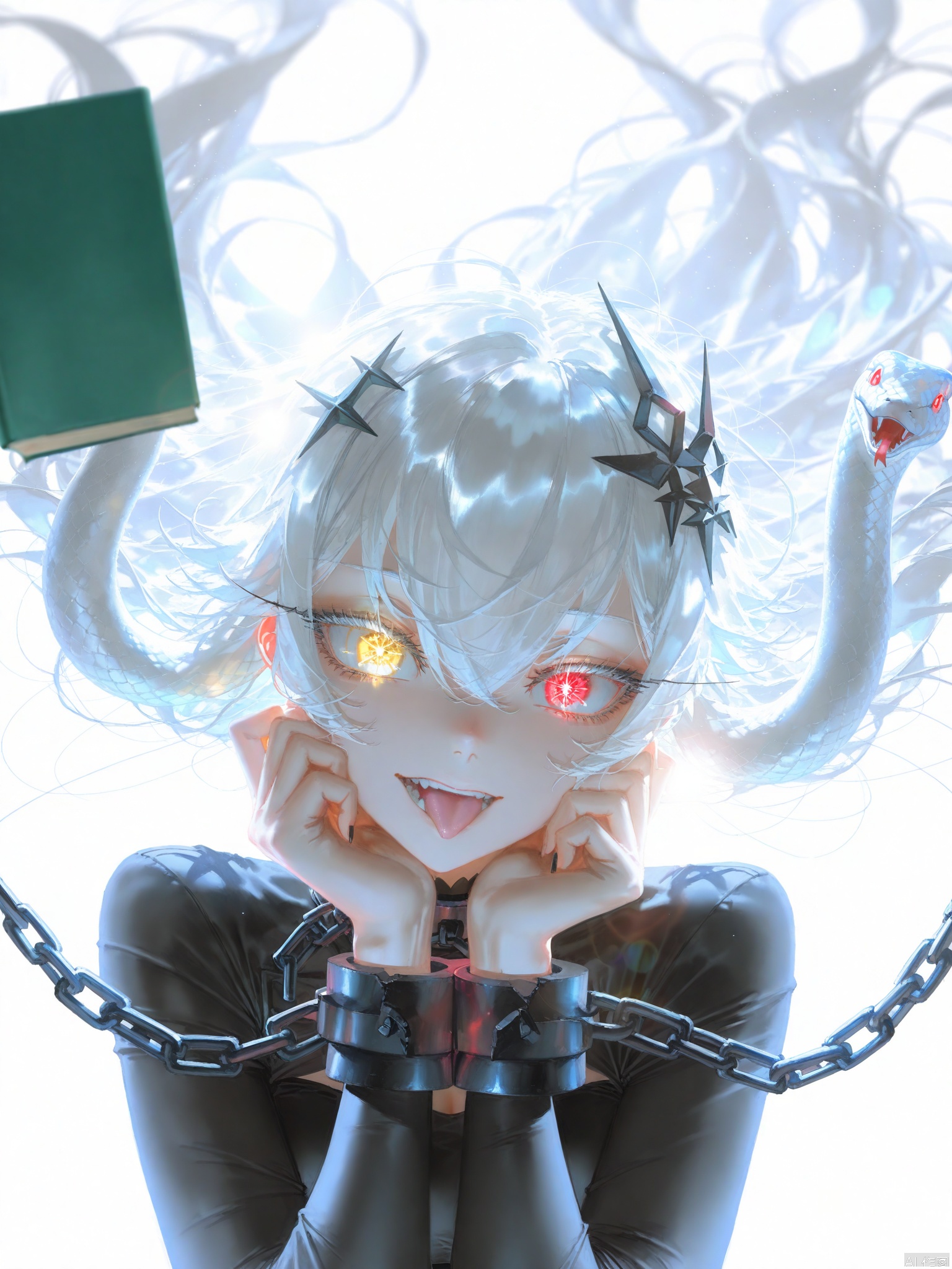 1girl, solo, long hair, looking at viewer, open mouth, hair ornament, red eyes, white background, yellow eyes, white hair, teeth, tongue, tongue out, book, chain, heterochromia, floating, cuffs, snake, hands on own face, floating object, long eyelashes, broken chain, snake hair ,backlighting,depth of field,cinematic lighting,light particles,lens flare, (artist:quasarcake:0.8),extreme aesthetic,(wlop:0.6),masterpiece,best quality,good quality,newest,year 2024,year 2023,very aesthetic,absurdres,Visual impact,A shot with tension, ultra-high resolution,32K UHD,sharp focus,best-quality,masterpiece,Emotionalization,unconventional supreme masterpiece,masterful details,temperate atmosphere,with a high-end texture,in the style of fashion photography, (Visual impact:1.2),giving the poster a dynamic and visually striking appearance,impactful picture,offcial art,colorful,splash of color,movie perspective, masterpiece,best quality,amazing quality,very aesthetic,absurdres,best quality,newest
