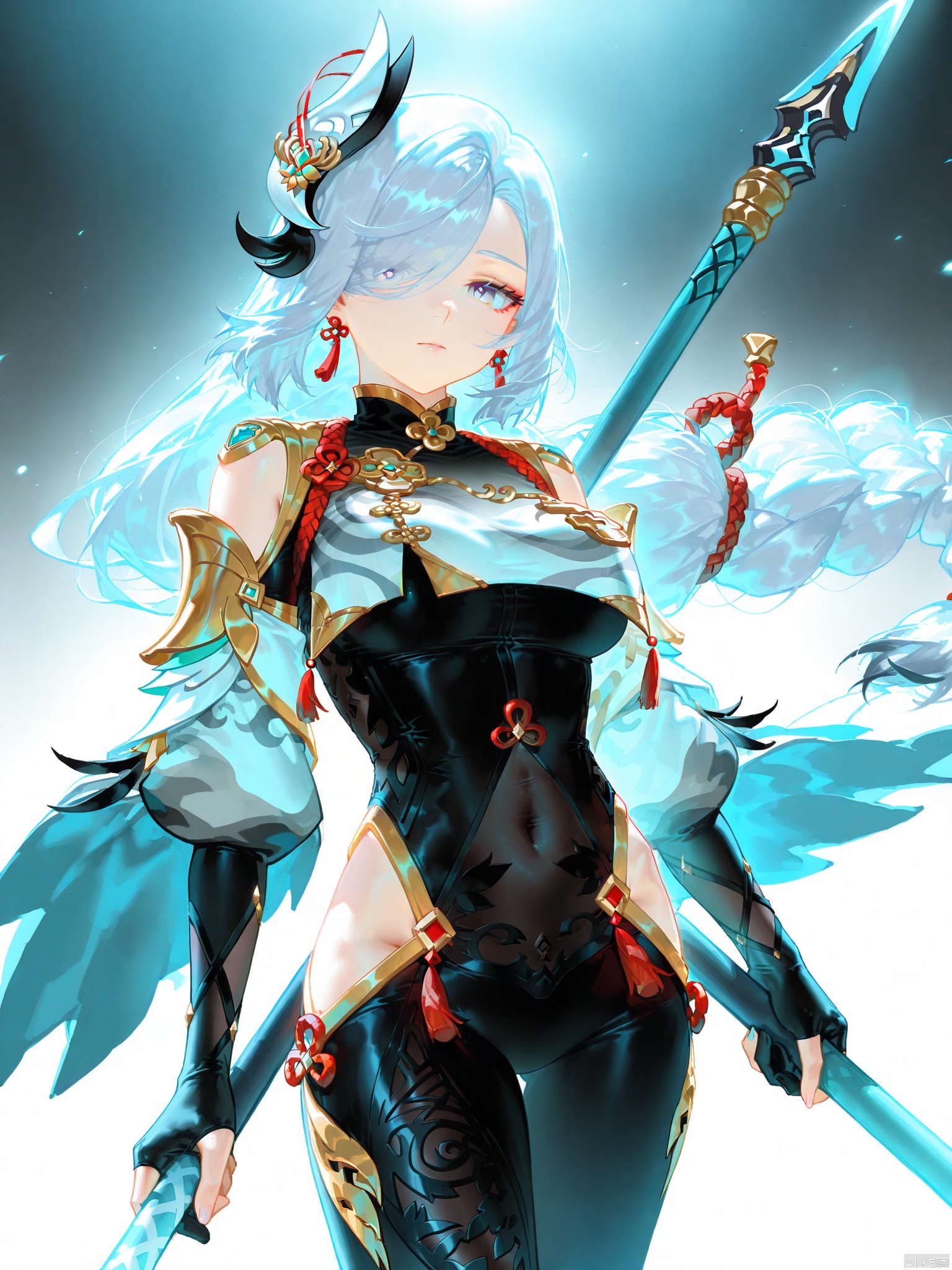 1girl, solo, long hair, breasts, looking at viewer, bangs, blue eyes, hair ornament, gloves, holding, very long hair, weapon, braid, white hair, grey hair, black gloves, holding weapon, hair over one eye, grey eyes, clothing cutout, bodysuit, covered navel, polearm, braided ponytail, partially fingerless gloves, black bodysuit, hip vent, holding polearm, , shenhe \(genshin impact\)
