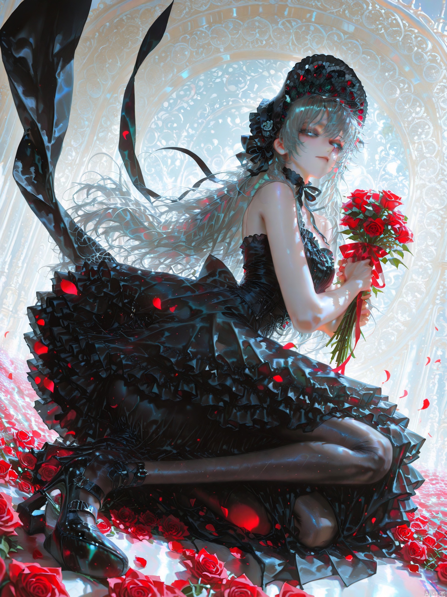 1girl, solo, long hair, looking at viewer, bangs, dress, ribbon, holding, bare shoulders, very long hair, full body, flower, grey hair, pantyhose, frills, sleeveless, black footwear, black dress, high heels, grey eyes, petals, sleeveless dress, rose, frilled dress, red flower, red rose, bouquet, holding flower, bonnet.(all body) (Show whole body),(all body),(artist:quasarcake:0.8),extreme aesthetic,(wlop:0.6),masterpiece,best quality,good quality,newest,very aesthetic,absurdres,Visual impact,A shot with tension, ultra-high resolution,32K UHD,sharp focus,best-quality,masterpiece,Emotionalization,unconventional supreme masterpiece,masterful details,temperate atmosphere,with a high-end texture,in the style of fashion photography, (Visual impact:1.2),visually striking appearance,impactful picture,offcial art,colorful,splash of color,movie perspective, masterpiece,best quality,amazing quality,very aesthetic,absurdres,best quality,newest
