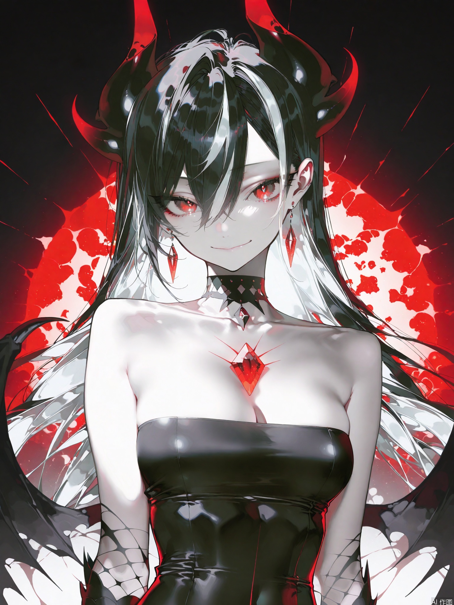 masterpiece, best quality, high quality, extremely detailed CG unity 8k wallpaper, extremely detailed, High Detail, vibrant colors, anime style, cover art,(wanke:0.8),(mon (monmon2133):0.5),(mochizuki kei:0.95), (tira 27:0.7),extreme aesthetic,masterpiece,best quality,good quality,newest,very aesthetic,absurdres,Visual impact,32K UHD,sharp focus,impactful picture,offcial art, 1girl, solo, long hair, breasts, smile, black hair, red eyes, cleavage, bare shoulders, jewelry, medium breasts, collarbone, upper body, white hair, multicolored hair, earrings, wings, horns, choker, colored skin, gem, claws, grey skin
