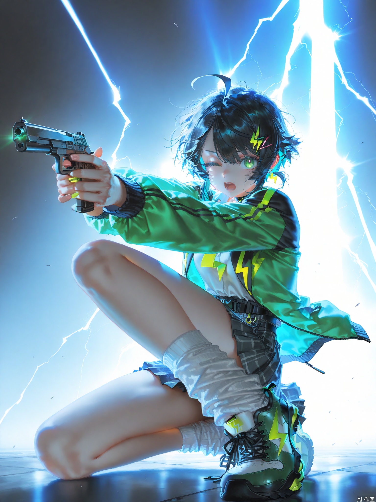 masterpiece, best quality, high quality, extremely detailed CG unity 8k wallpaper, extremely detailed, High Detail, vibrant colors, anime style, cover art,(artist:quasarcake:0.8),extreme aesthetic,(wlop:0.6),masterpiece,best quality,good quality,newest,very aesthetic,absurdres,Visual impact,32K UHD,sharp focus,(mogumo:1.1),(good hands, nice hands:0.5),impactful picture,offcial art, 1girl, solo, looking at viewer, short hair, open mouth, skirt, shirt, black hair, hair ornament, long sleeves, holding, jewelry, green eyes, jacket, full body, weapon, flower, ahoge, heart, earrings, one eye closed, shoes, socks, hairclip, belt, miniskirt, holding weapon, gun, white socks, loose socks, aiming, lightning bolt symbol
