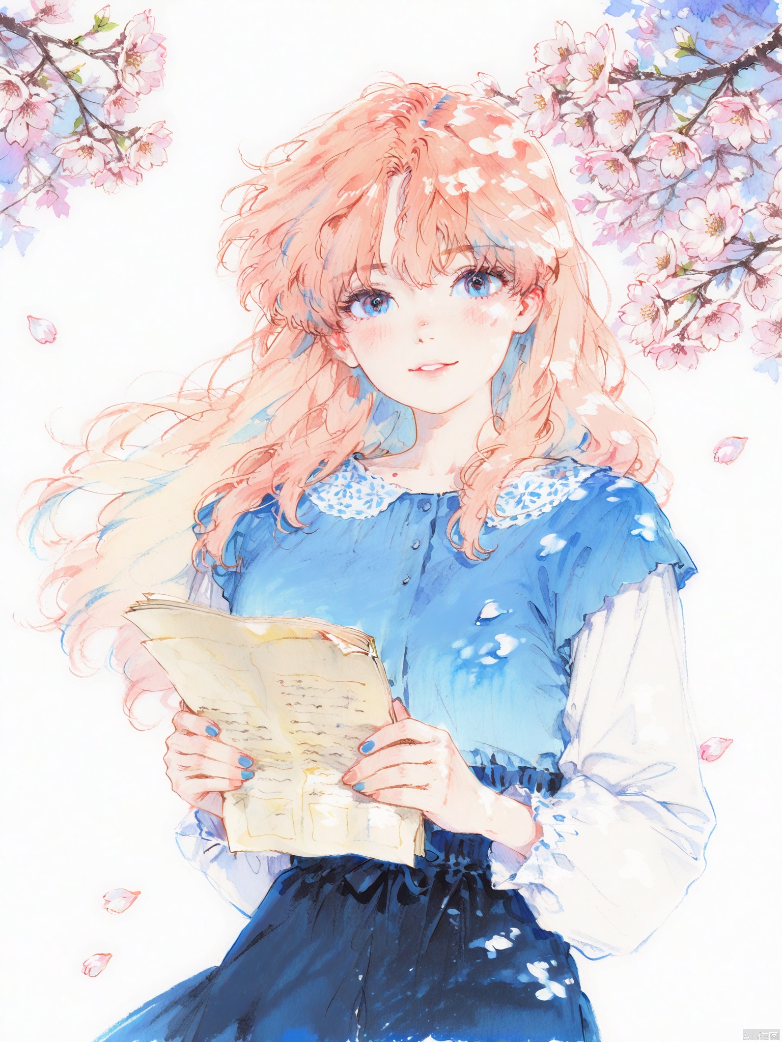 "Watercolor painting of a girl reading under cherry blossoms, soft ink wash background with flying petals, gentle gouache texture on handmade paper, Studio Ghibli-style character design with natural hand proportions, visible pencil sketch underlay, Winsor & Newton pigment simulation, impressionistic brushstrokes blending into detailed florals, muted pastel palette with cobalt blue accents, composition balanced by golden ratio spiral"
