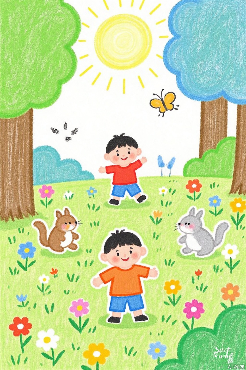 masterpiece, best quality, ertonghuiben,little boy, animals, smile, meadow, forest, flowers, rabbit, squirrel, butterfly, (Masterpiece, Boutique, Boutique, Official Art, Beautiful and Elegant: 1.2), Books, Cute, Blind Box, Boutique, Solo, Blind Box, Boutique, Super Cute, Cartoon IP, Light and Shadow,labihua