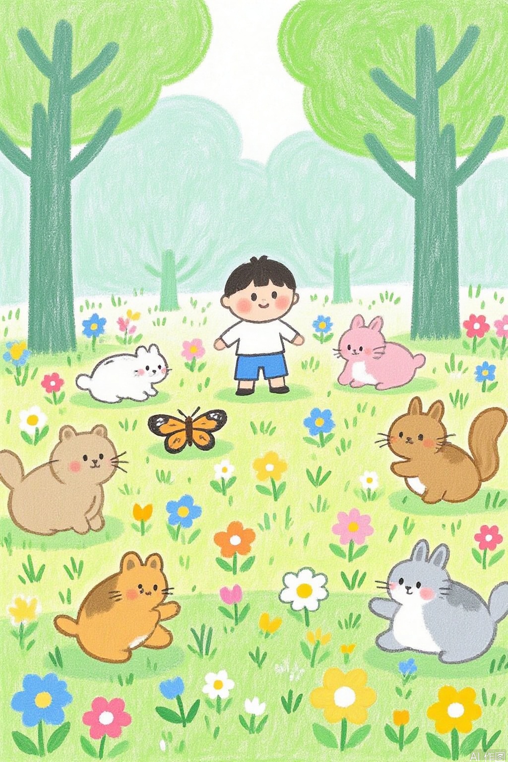 masterpiece, best quality, ertonghuiben,little boy, animals, smile, meadow, forest, flowers, rabbit, squirrel, butterfly, (Masterpiece, Boutique, Boutique, Official Art, Beautiful and Elegant: 1.2), Books, Cute, Blind Box, Boutique, Solo, Blind Box, Boutique, Super Cute, Cartoon IP, Light and Shadow,labihua