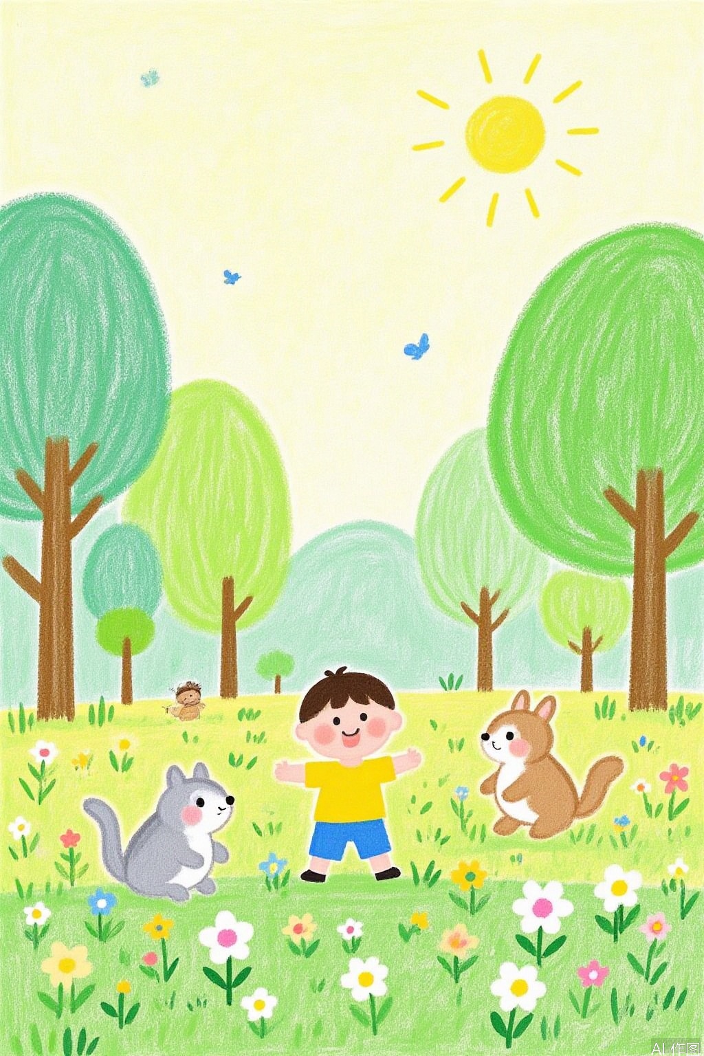 masterpiece, best quality, ertonghuiben,little boy, animals, smile, meadow, forest, flowers, rabbit, squirrel, butterfly, (Masterpiece, Boutique, Boutique, Official Art, Beautiful and Elegant: 1.2), Books, Cute, Blind Box, Boutique, Solo, Blind Box, Boutique, Super Cute, Cartoon IP, Light and Shadow,labihua