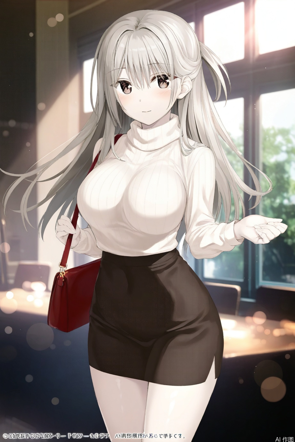 Honjou, 1girl, long hair, breasts, skirt, bag, sweater, large breasts, solo focus, casual, grey hair, handbag,nice hands, perfect balance, looking at viewer, closed mouth, (Light_Smile:0.3), official art, extremely detailed CG unity 8k wallpaper, perfect lighting, Colorful, Bright_Front_face_Lighting, White skin, (masterpiece:1), (best_quality:1), ultra high res, 4K, ultra-detailed, photography, 8K, HDR, highres, absurdres:1.2, Kodak portra 400, film grain, blurry background, bokeh:1.2, lens flare, (vibrant_color:1.2), professional photograph, (narrow_waist), dark studio, Honjou
//,
official art,depth of field,detailed light,blurry background,cinematic lighting,ray tracing, ultra detailed,god rays,backlighting,photo background,film grain,chromatic aberration,volumetric lighting,depth of field,blurry background,shiny skin,floating hair,cinematic lighting,day,very aesthetic,