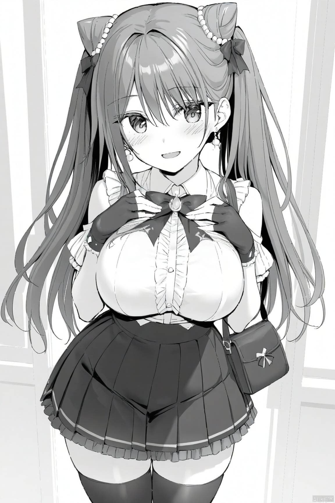1girl solo long hair breasts looking at viewer blush smile bangs skirt shirt thighhighs gloves bow bare shoulders twintails jewelry monochrome greyscale pleated skirt frills fingerless gloves bag huge shoulder cutout