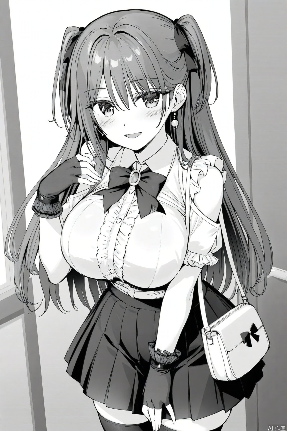 1girl solo long hair breasts looking at viewer blush smile bangs skirt shirt thighhighs gloves bow bare shoulders twintails jewelry monochrome greyscale pleated skirt frills fingerless gloves bag huge shoulder cutout