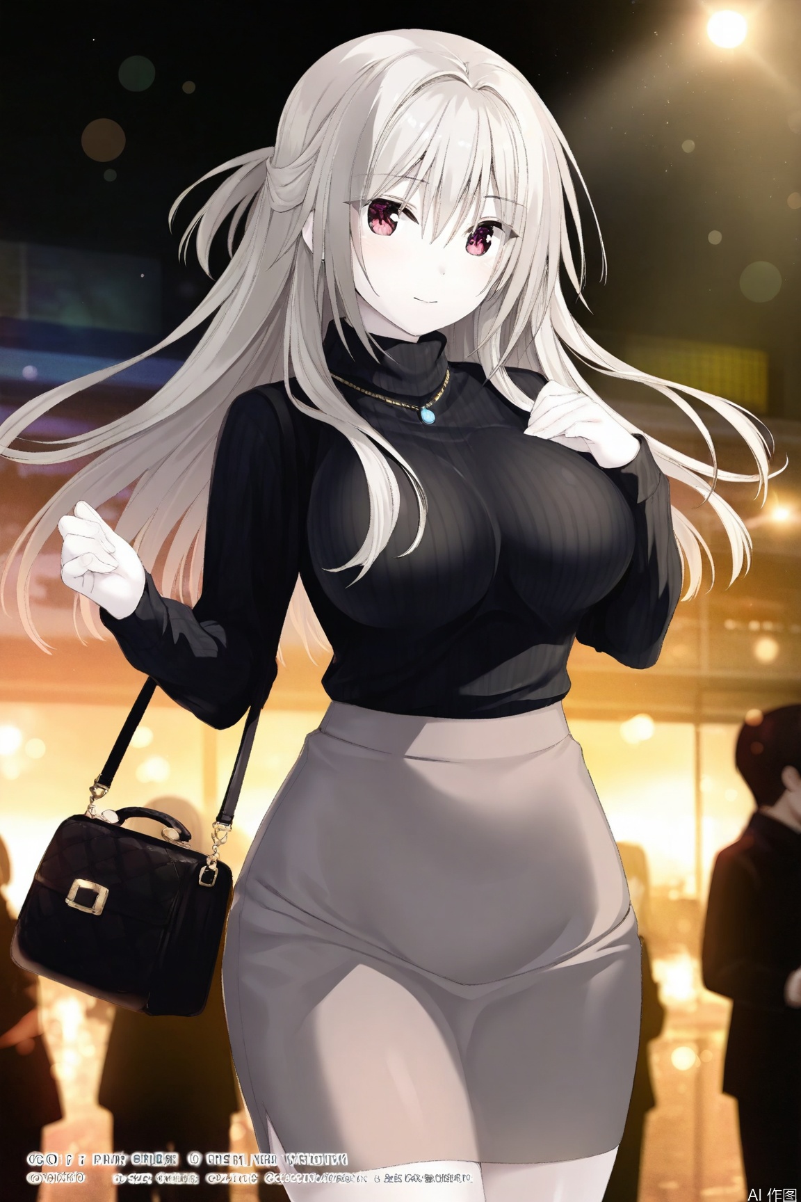 Honjou, 1girl, long hair, breasts, skirt, bag, sweater, large breasts, solo focus, casual, grey hair, handbag,nice hands, perfect balance, looking at viewer, closed mouth, (Light_Smile:0.3), official art, extremely detailed CG unity 8k wallpaper, perfect lighting, Colorful, Bright_Front_face_Lighting, White skin, (masterpiece:1), (best_quality:1), ultra high res, 4K, ultra-detailed, photography, 8K, HDR, highres, absurdres:1.2, Kodak portra 400, film grain, blurry background, bokeh:1.2, lens flare, (vibrant_color:1.2), professional photograph, (narrow_waist), dark studio, Honjou
//,
official art,depth of field,detailed light,blurry background,cinematic lighting,ray tracing, ultra detailed,god rays,backlighting,photo background,film grain,chromatic aberration,volumetric lighting,depth of field,blurry background,shiny skin,floating hair,cinematic lighting,day,very aesthetic,