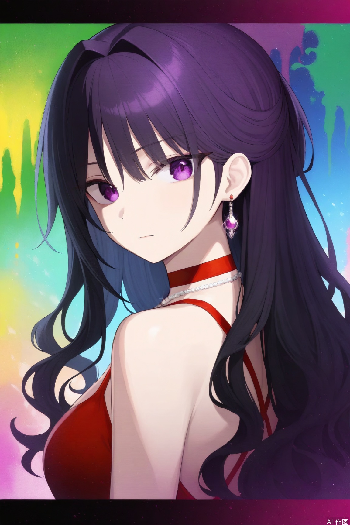  Colorful background, 1girl, long hair, solo, jewelry, looking at viewer, earrings, upper body, red choker, bangs, choker, bare shoulders, closed mouth, hair intakes, dress, wavy hair, sleeveless, necklace, letterboxed, looking back, head tilt, msaibo, evil, mjiaocha,1girl, official, purple eyes,