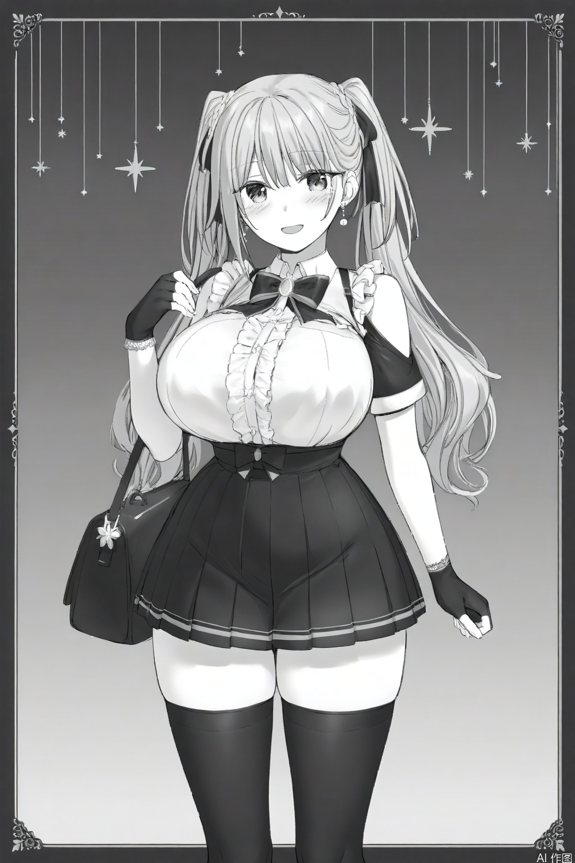 1girl solo long hair breasts looking at viewer blush smile bangs skirt shirt thighhighs gloves bow bare shoulders twintails jewelry monochrome greyscale pleated skirt frills fingerless gloves bag huge shoulder cutout