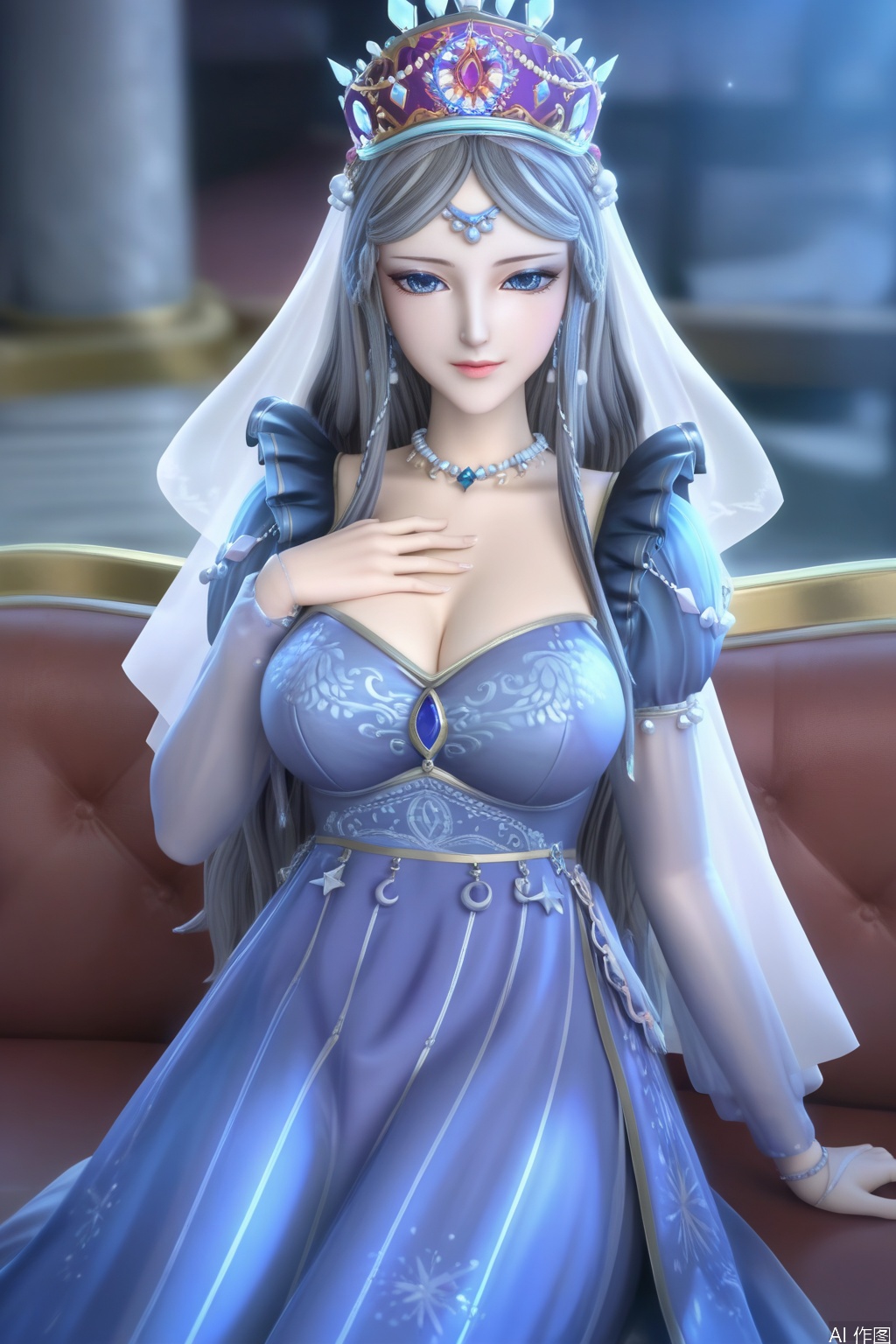 masterpiece, best quality, masterpiece,best quality,official art,extremely detailed CG unity 8k wallpaper,1girl,solo,long hair,looking at viewer,blue eyes,Gray hair,dress,jewelry,earrings,necklace,blue dress,crown,veil,makeup,sitting,couch,indoors,furniture,happy,closed mouth,large breasts,short dress,legs,hand on own chest,full body