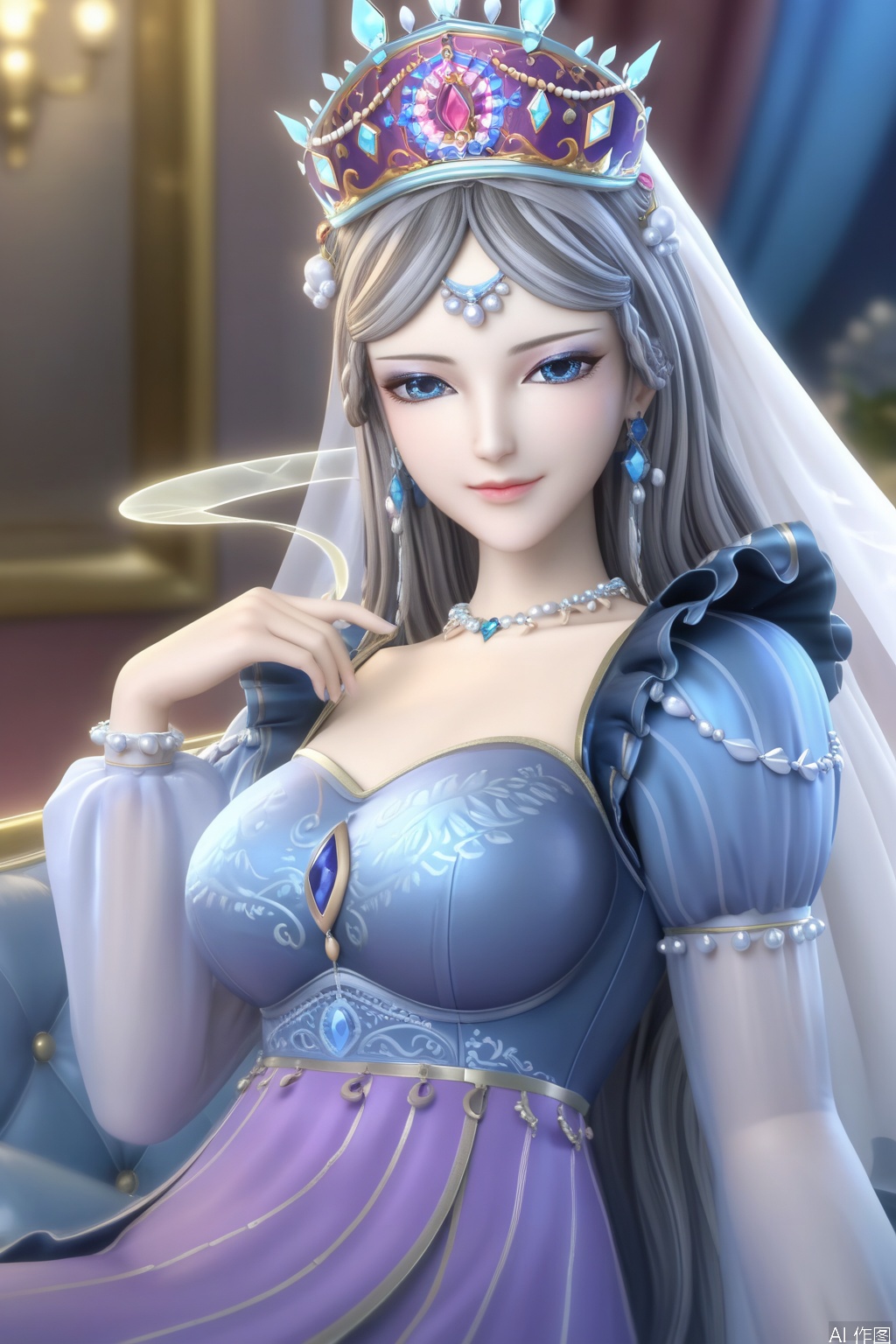 masterpiece, best quality, masterpiece,best quality,official art,extremely detailed CG unity 8k wallpaper,1girl,solo,long hair,looking at viewer,blue eyes,Gray hair,dress,jewelry,earrings,necklace,blue dress,crown,veil,makeup,sitting,couch,indoors,furniture,happy,closed mouth,large breasts,