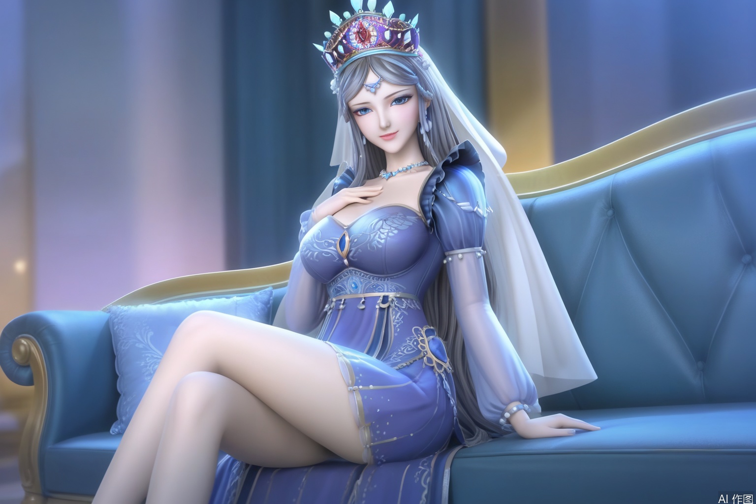 masterpiece, best quality, masterpiece,best quality,official art,extremely detailed CG unity 8k wallpaper,1girl,solo,long hair,looking at viewer,blue eyes,Gray hair,dress,jewelry,earrings,necklace,blue dress,crown,veil,makeup,sitting,couch,indoors,furniture,happy,closed mouth,large breasts,short dress,legs,hand on own chest,full body,hand on own knee,skirt suit,bare legs,leg up