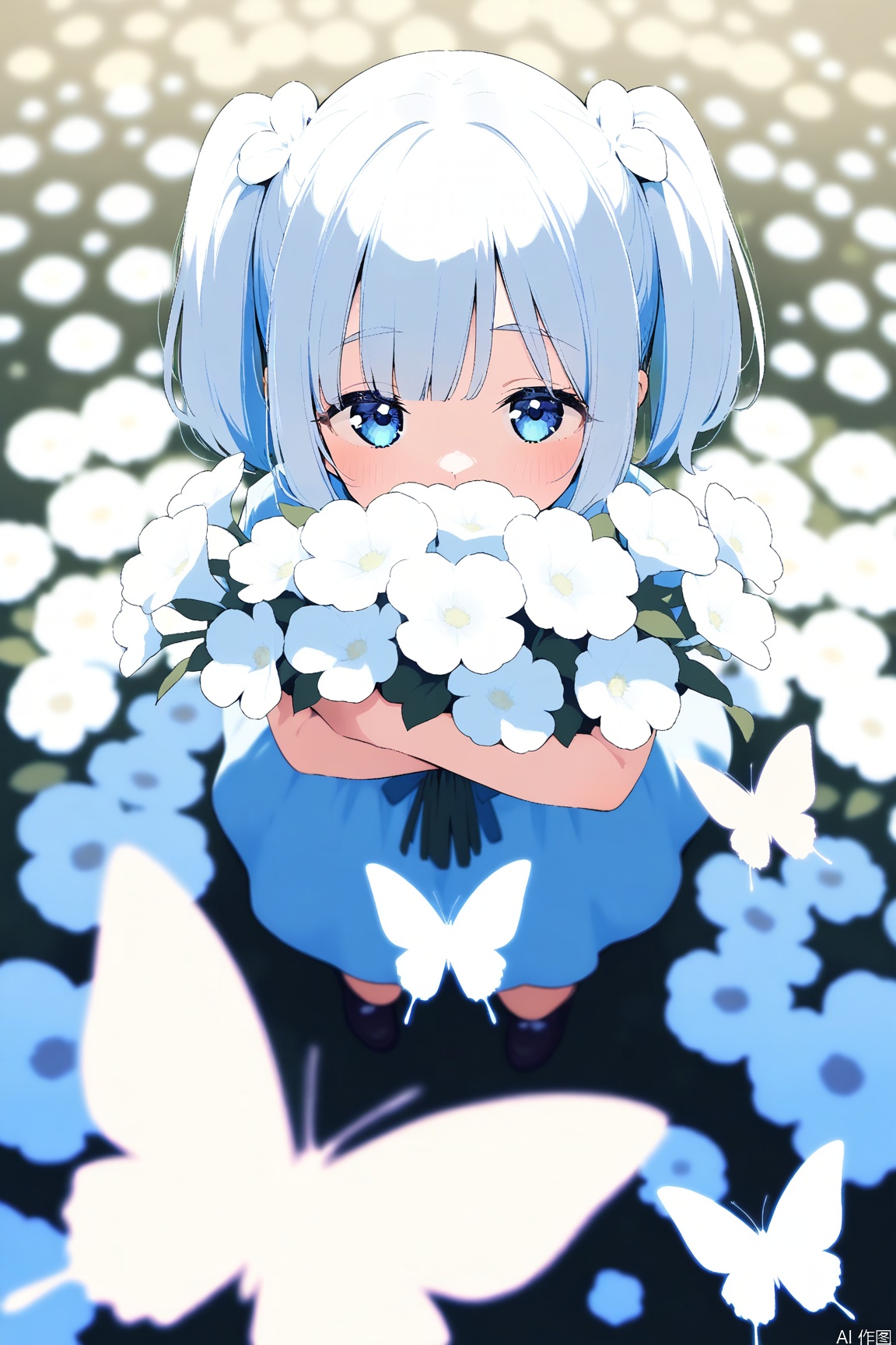 Glowing butterfly,covering mouth with flowers, looking to viewers through the flowers, lovely, sweet. blurry foreground, motion blur, focused, bokeh, glowstick, chromatic aberration, film grain,white flowers ,1girl,from above,bird's-eye_view,vintage filter,among flowers, backlight,limited_palette,white,field s of flowers , colors,Depth of field,loli