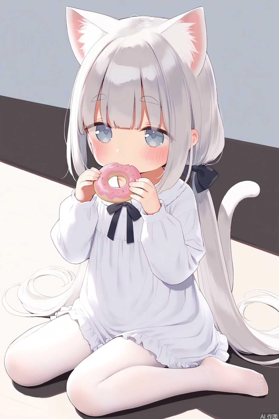 1girl, solo, long hair, blush, bangs, blue eyes,  shirt, long sleeves, dress, bow, holding, animal ears, twintails, sitting, very long hair, tail, full body, white shirt, hair bow, grey hair, food, barefoot, cat ears, white dress, animal ear fluff, grey eyes, low twintails, wariza, eating, holding food, doughnut,white pantyhose,indoor