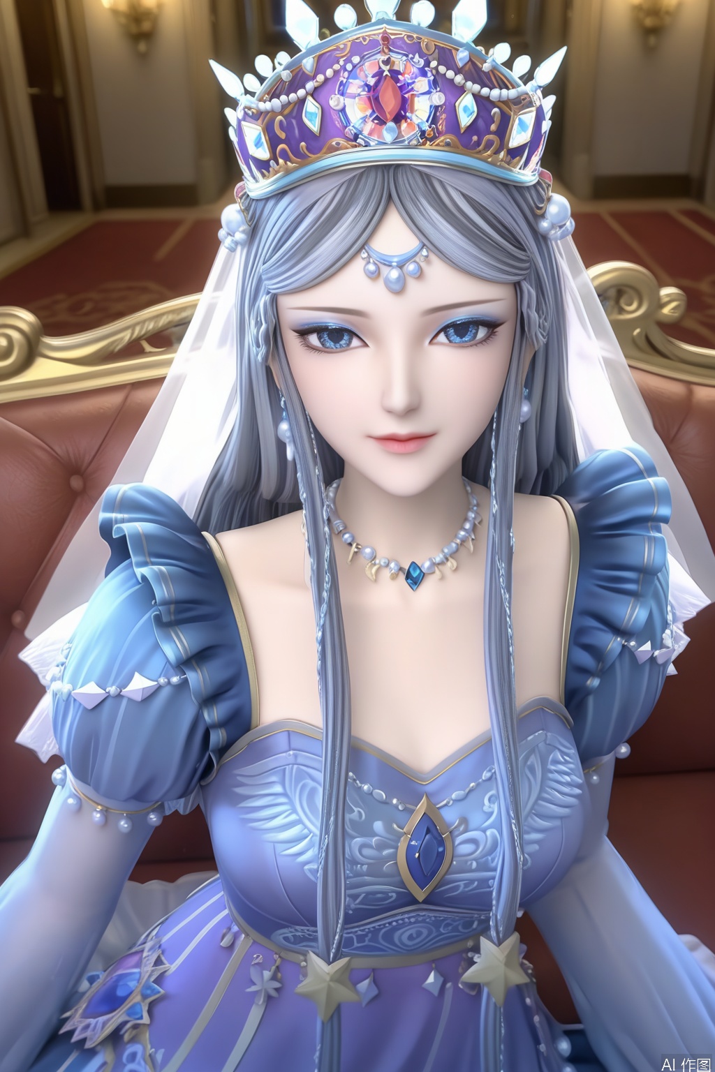 masterpiece, best quality, masterpiece,best quality,official art,extremely detailed CG unity 8k wallpaper,1girl,solo,long hair,looking at viewer,blue eyes,Gray hair.,dress,jewelry,blue hair,earrings,necklace,blue dress,crown,veil,makeup,sitting,couch,indoors,furniture,happy,closed mouth,portrait,close-up
