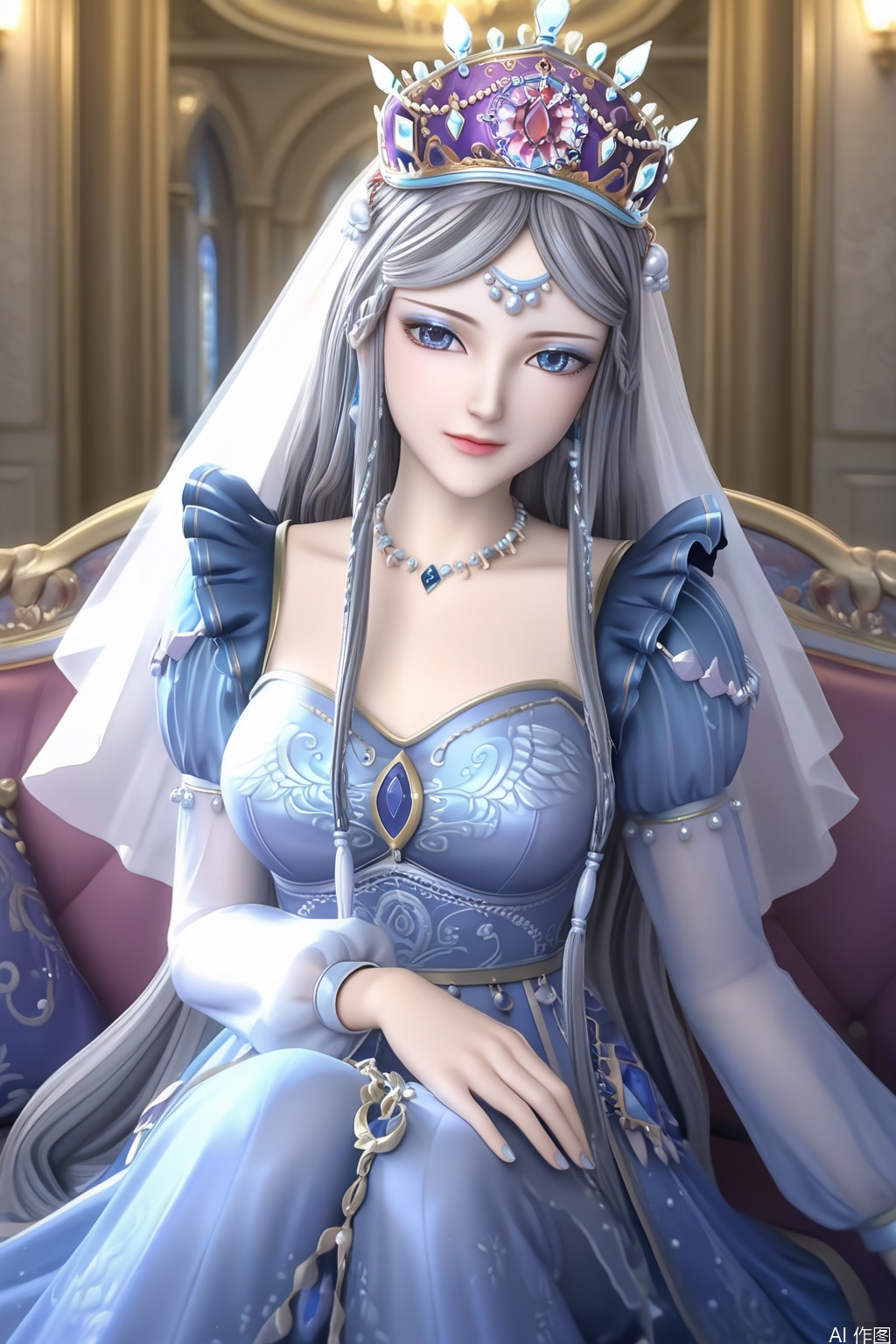 masterpiece, best quality, masterpiece,best quality,official art,extremely detailed CG unity 8k wallpaper,1girl,solo,long hair,looking at viewer,blue eyes,Gray hair.,dress,jewelry,blue hair,earrings,necklace,blue dress,crown,veil,makeup,sitting,couch,indoors,furniture,happy,closed mouth,portrait,close-up