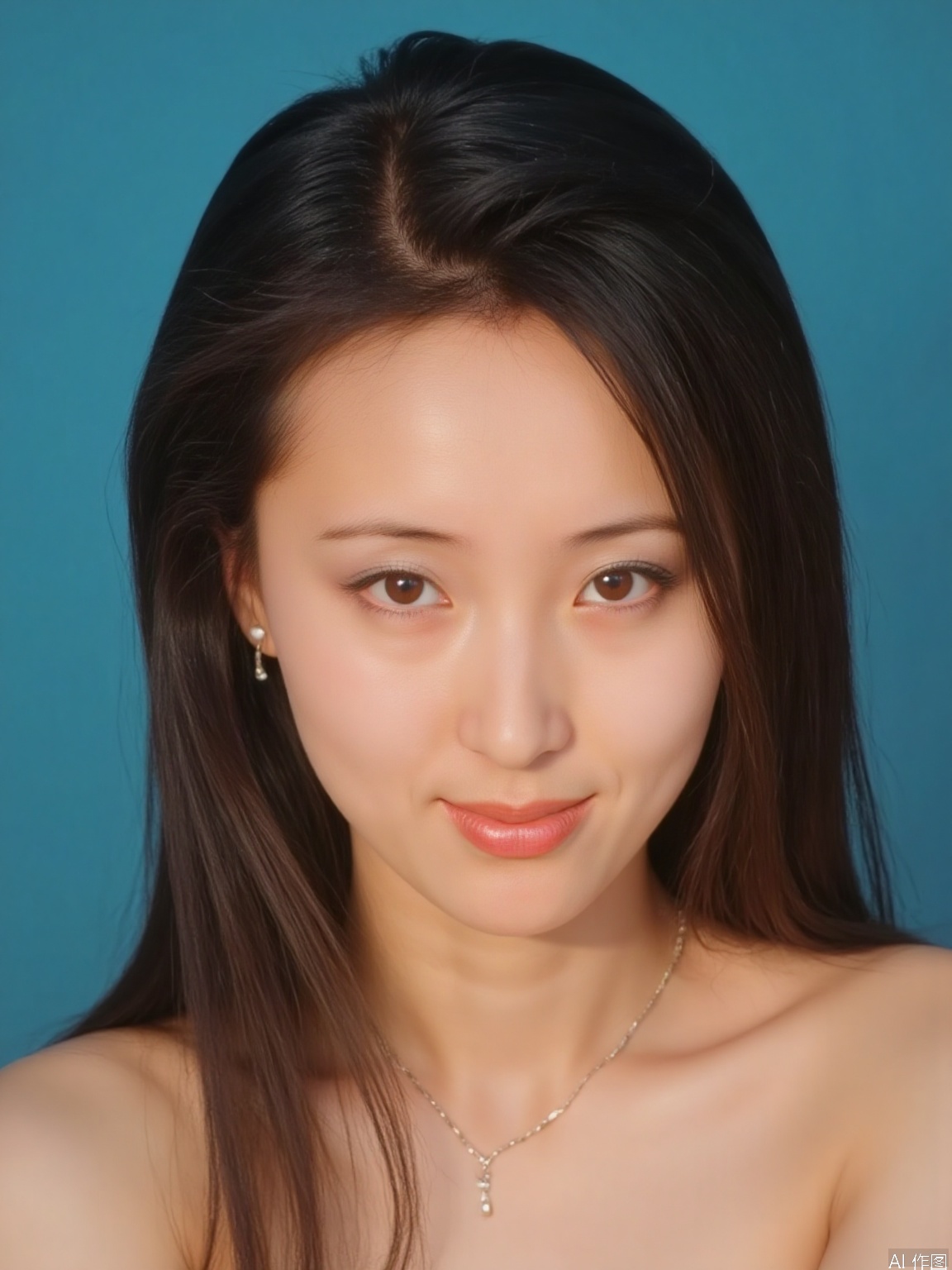 A young woman with luscious brown hair and warm brown eyes gazes directly at the viewer, a subtle smile playing on her lips. Her closed mouth emphasizes the intrigue of her expression. A delicate pair of earrings adorns her ears. The upper body is framed against a serene blue background, creating a sense of intimacy in this realistic portrait.
