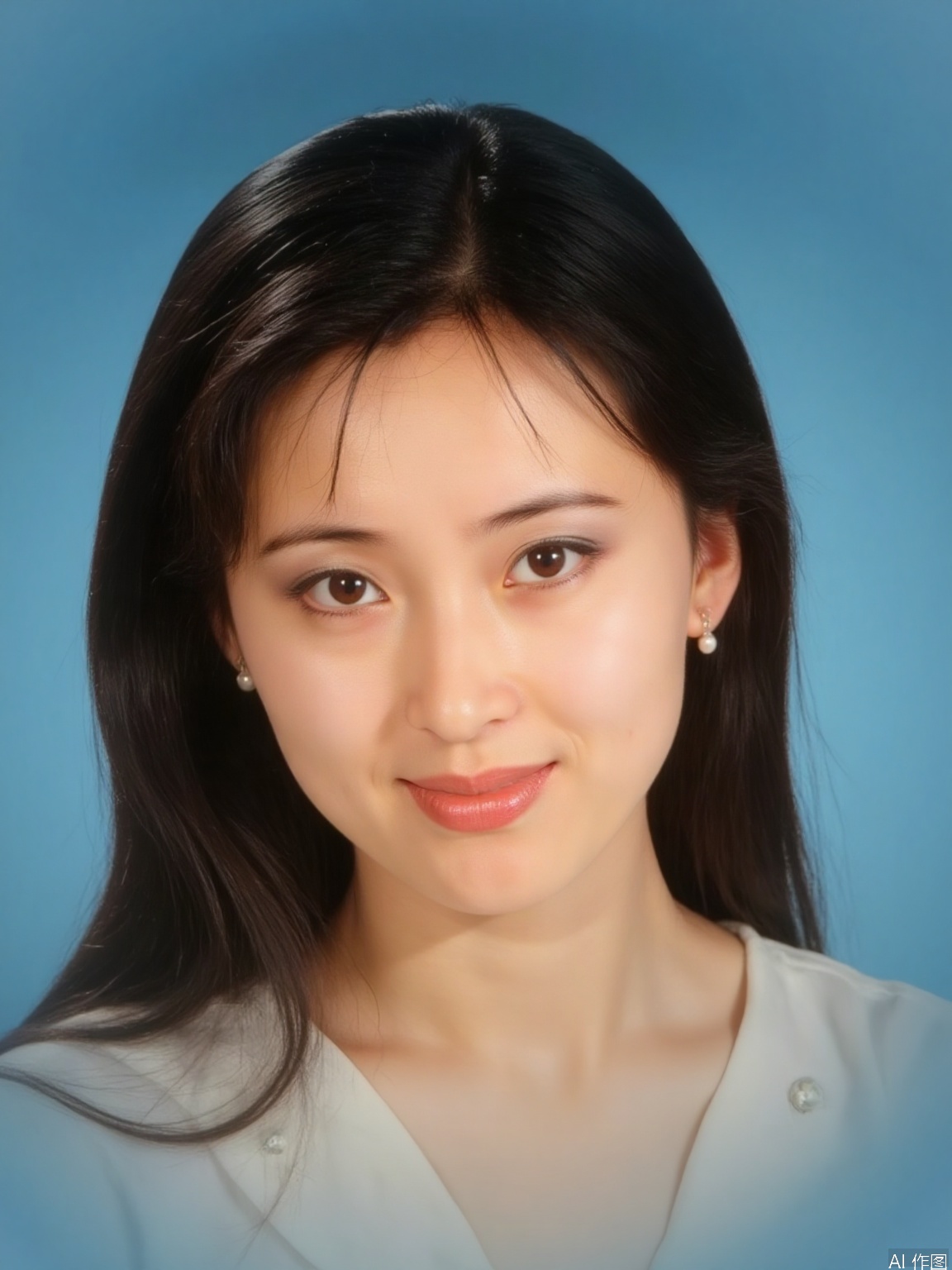 A young woman with luscious brown hair and warm brown eyes gazes directly at the viewer, a subtle smile playing on her lips. Her closed mouth emphasizes the intrigue of her expression. A delicate pair of earrings adorns her ears. The upper body is framed against a serene blue background, creating a sense of intimacy in this realistic portrait.
