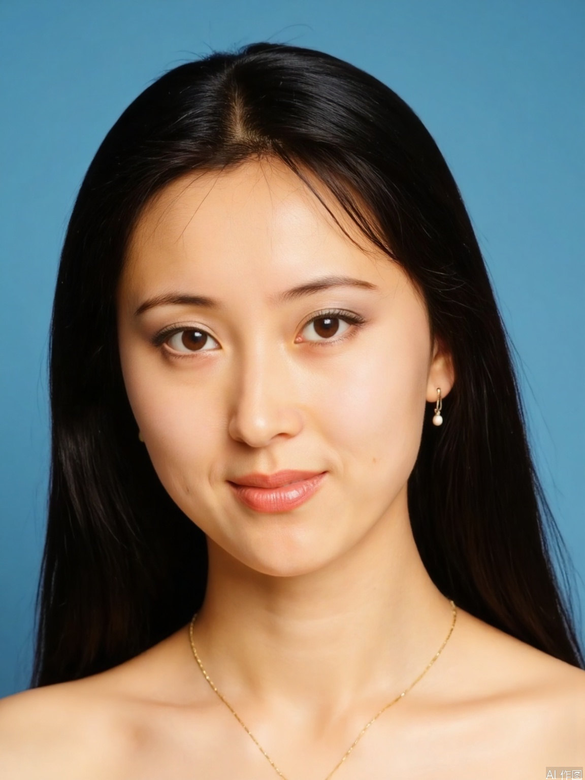 A young woman with luscious brown hair and warm brown eyes gazes directly at the viewer, a subtle smile playing on her lips. Her closed mouth emphasizes the intrigue of her expression. A delicate pair of earrings adorns her ears. The upper body is framed against a serene blue background, creating a sense of intimacy in this realistic portrait.
