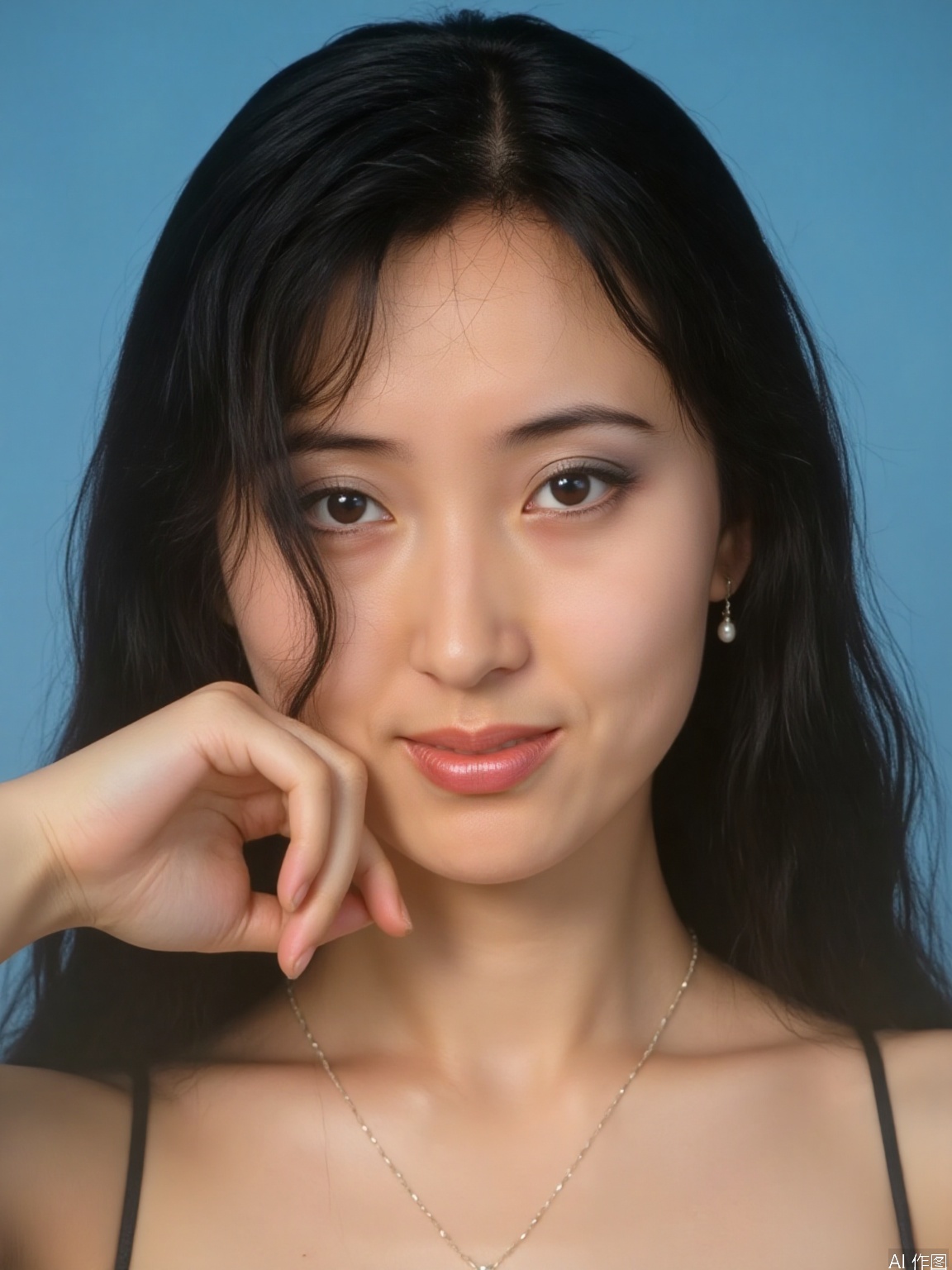 A young woman with luscious brown hair and warm brown eyes gazes directly at the viewer, a subtle smile playing on her lips. Her closed mouth emphasizes the intrigue of her expression. A delicate pair of earrings adorns her ears. The upper body is framed against a serene blue background, creating a sense of intimacy in this realistic portrait.
