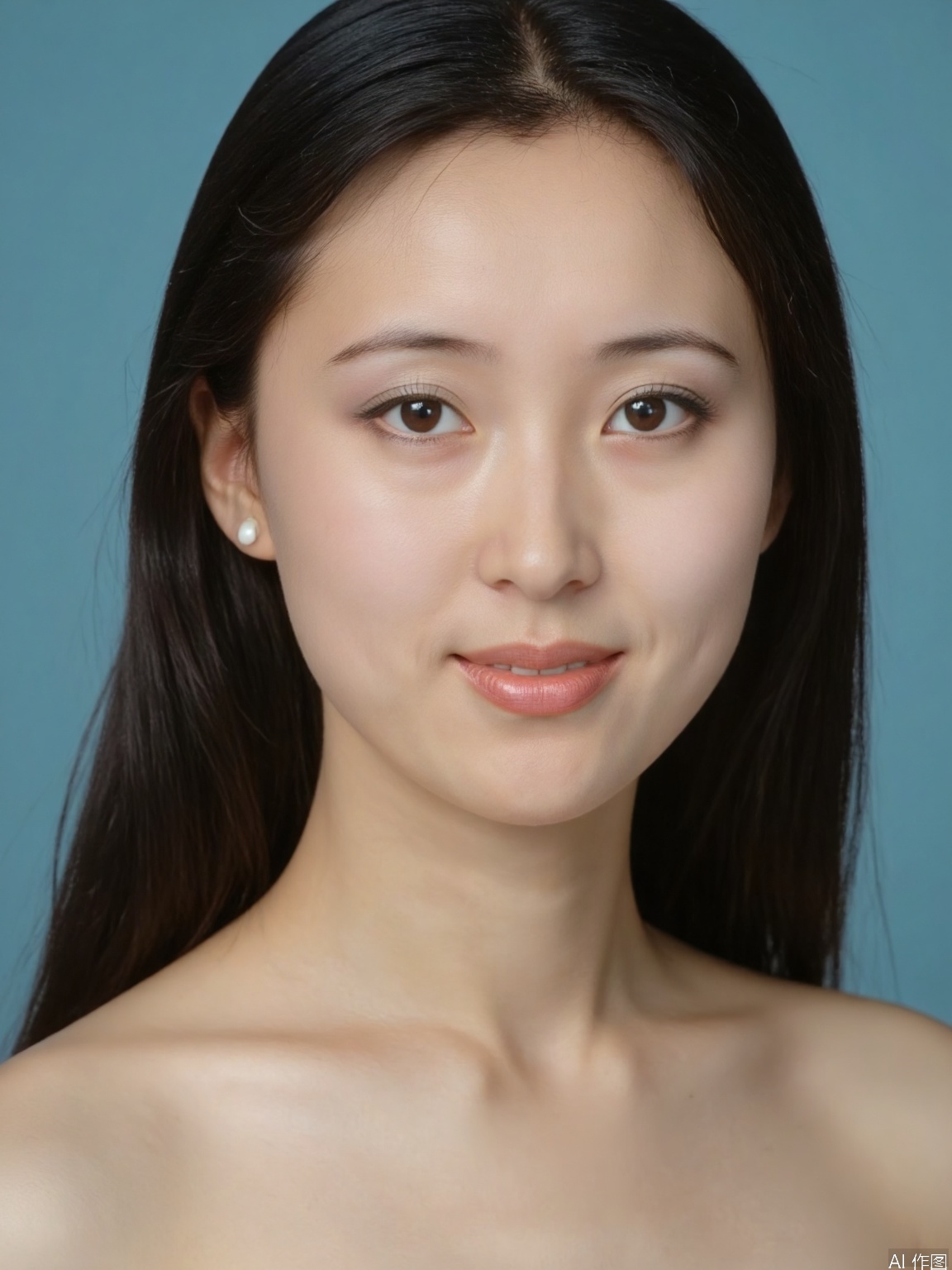 A young woman with luscious brown hair and warm brown eyes gazes directly at the viewer, a subtle smile playing on her lips. Her closed mouth emphasizes the intrigue of her expression. A delicate pair of earrings adorns her ears. The upper body is framed against a serene blue background, creating a sense of intimacy in this realistic portrait.
