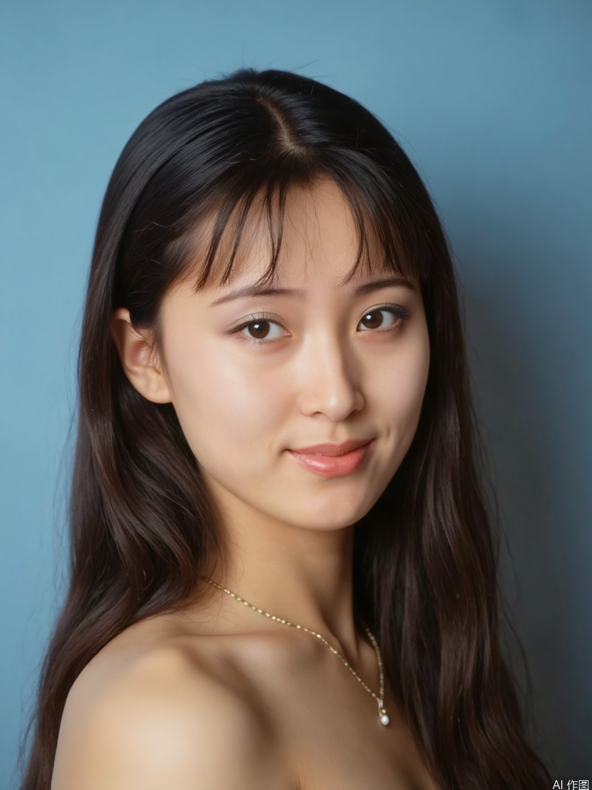 A young woman with luscious brown hair and warm brown eyes gazes directly at the viewer, a subtle smile playing on her lips. Her closed mouth emphasizes the intrigue of her expression. A delicate pair of earrings adorns her ears. The upper body is framed against a serene blue background, creating a sense of intimacy in this realistic portrait.
